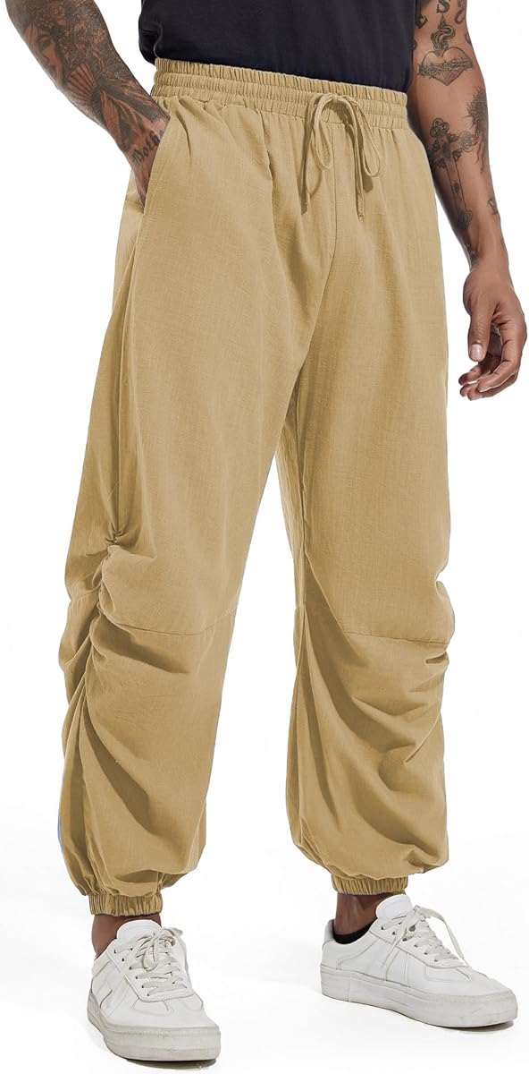 CLANMILUMS Men's Cotton Linen Drawstring Pants Elastic Waist Casual Jogger Yoga Pants (30, Khaki) at Amazon Men’s Clothing store