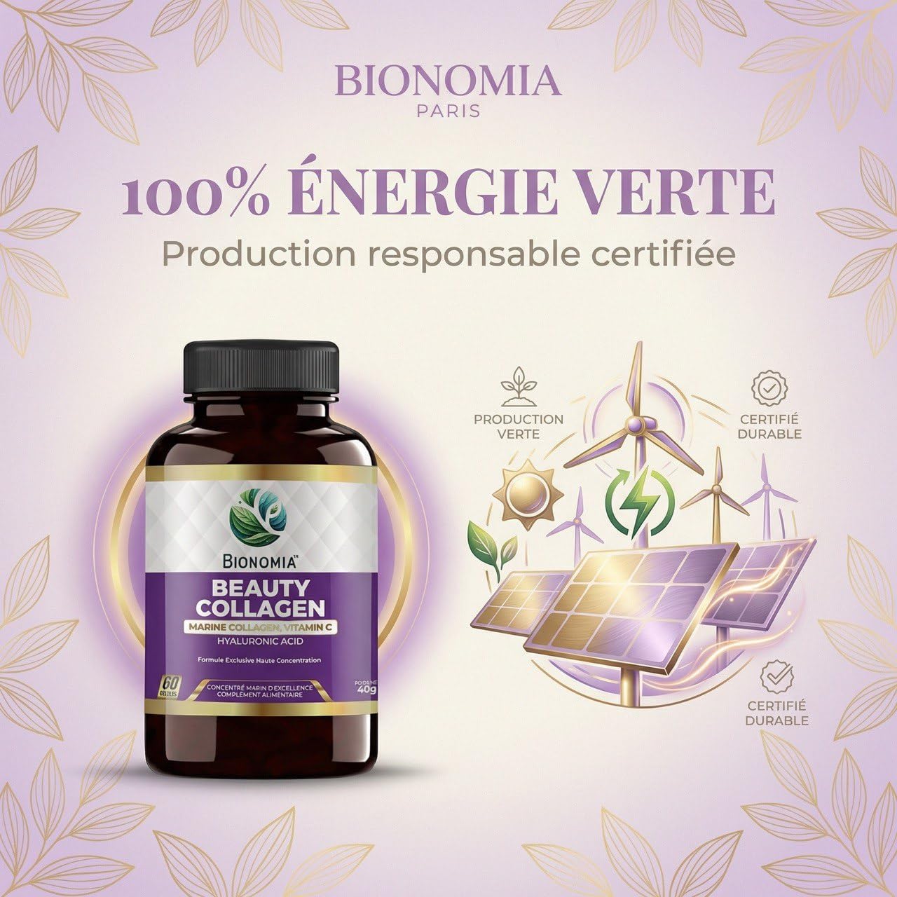Beauty Collagen 900mg - Collagène Marin Hydrolysé Naticol + Acide Hyaluronique 100mg + Vitamine C - Peau Cheveux Ongles - 60 Gélules Végétales Sans Excipients - Testé en Laboratoire