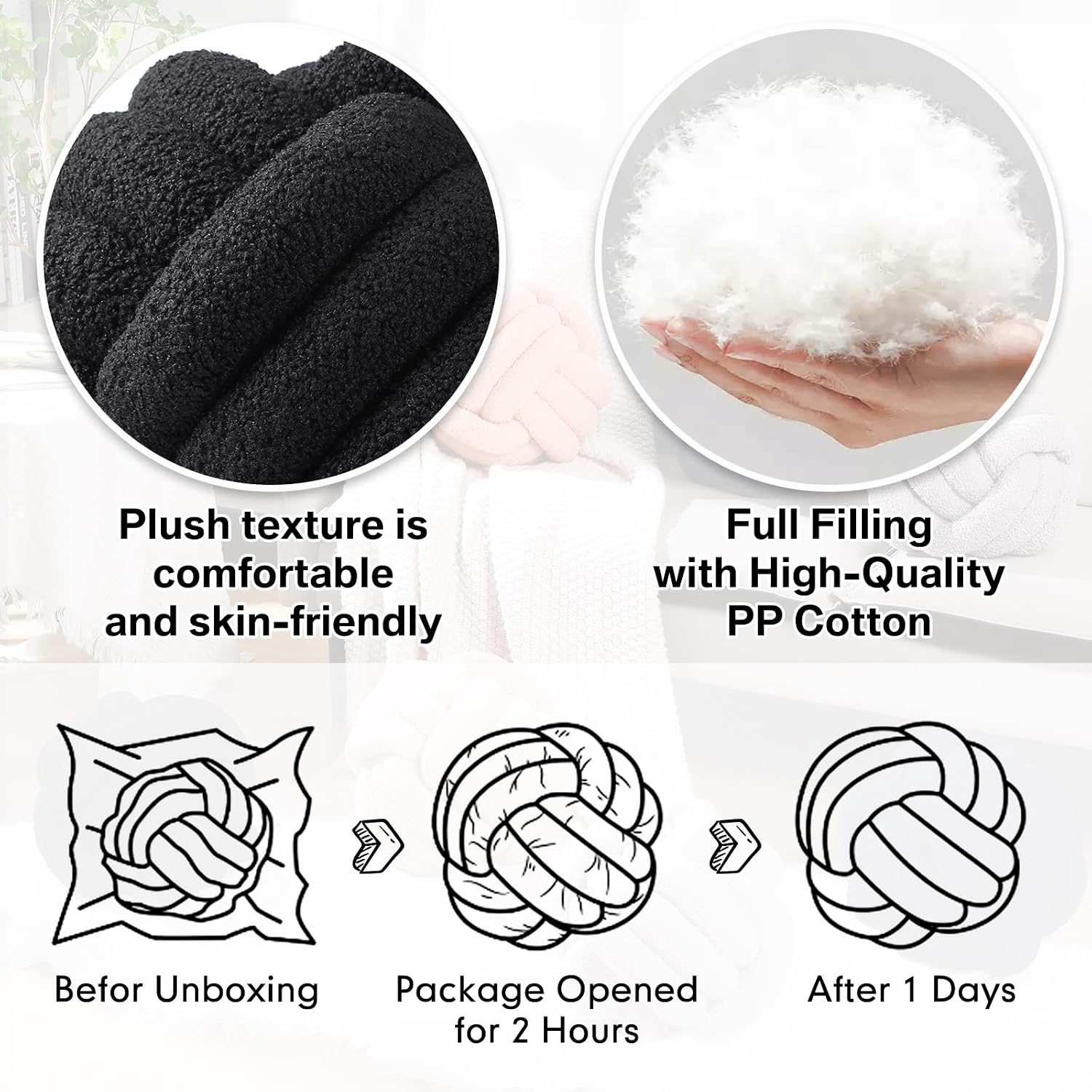 Namalu 2 Pcs Knot Pillows Decorative Round Ball Throw Plush Pillows Boucle Knotted Circle Soft Pillows Cushion for Room Sofa Home Bed Floor(11 Inch,Black)