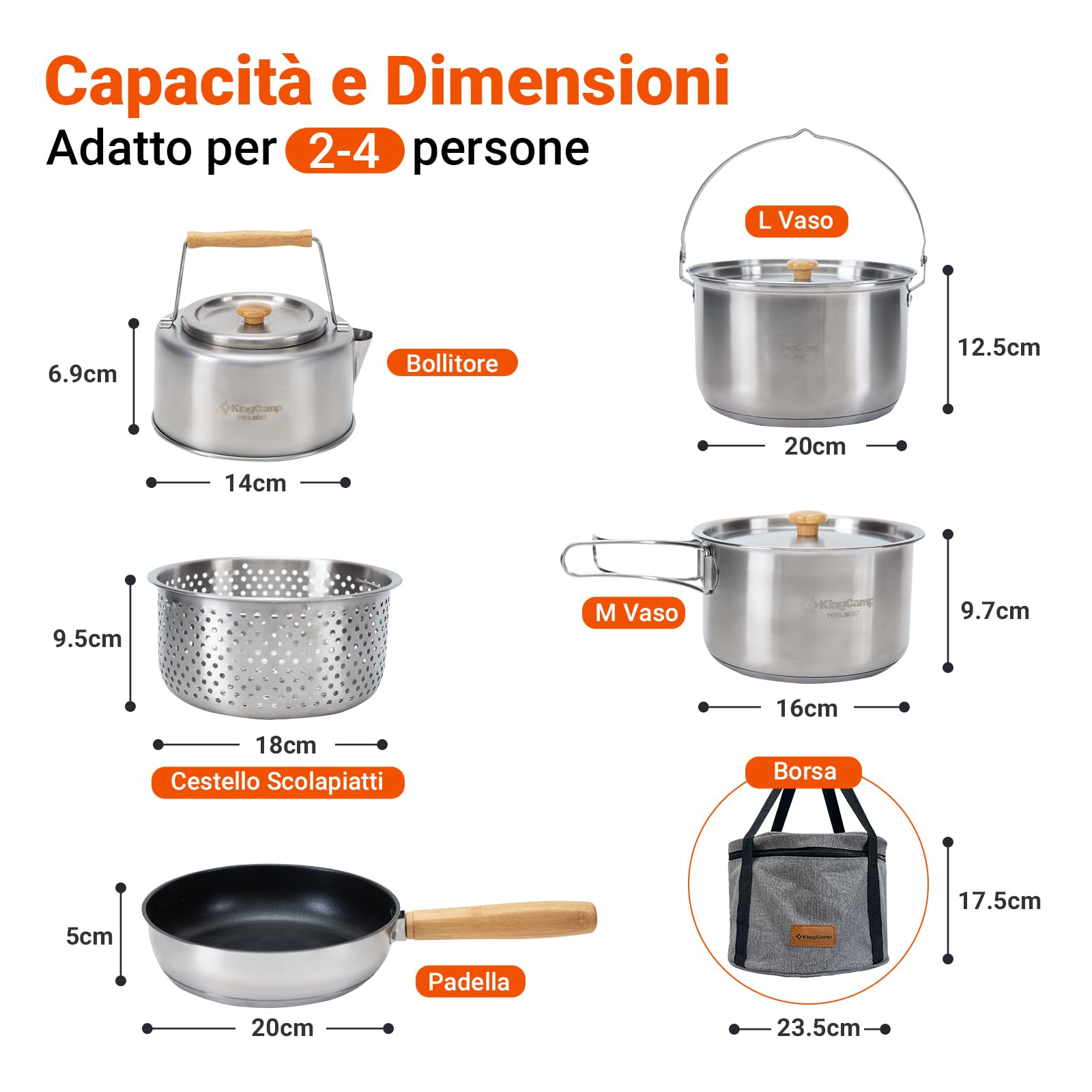 KingCamp Set di pentole da campeggio in acciaio inox, per fornelli da campeggio