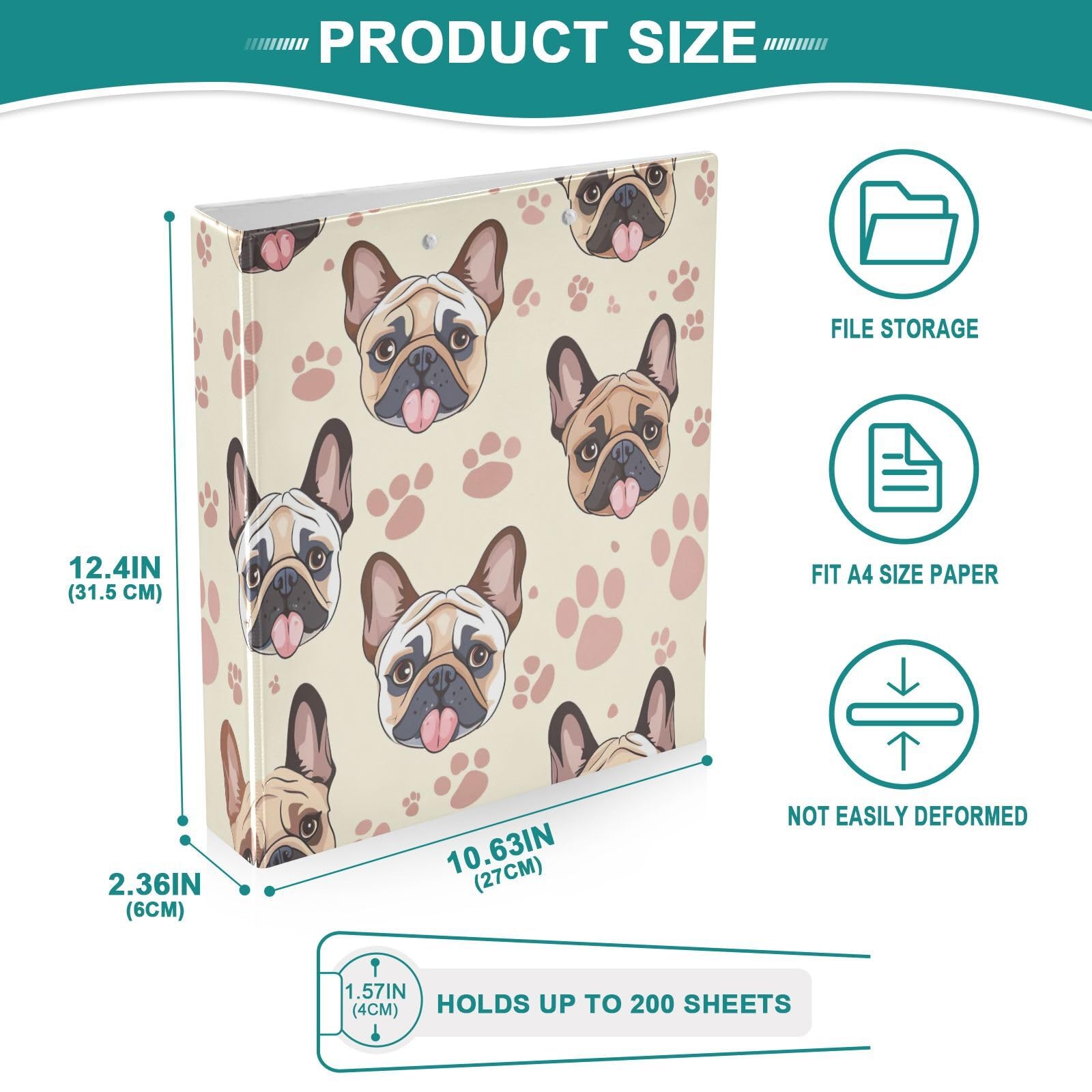 Raccoglitore a 3 anelli a D con stampe di bulldog francese, 3,8 cm, con 3 raccoglitori per scuola, università, ufficio (confezione da 2)