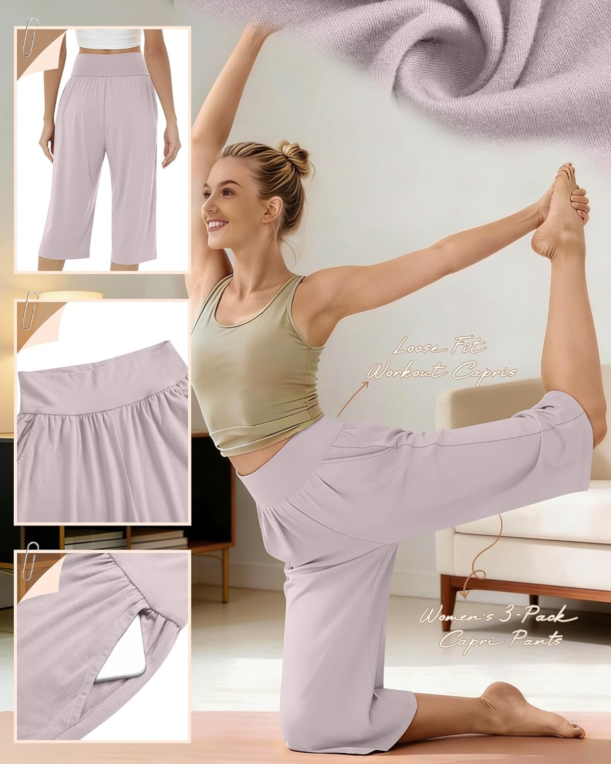 Neer 3 Pack Women Capri Pants, Wide Leg High Waist Crop Lounge Sweatpants Summer Casual Workout Pants with Pocket - Image 5