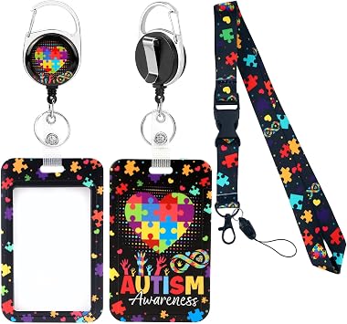 Autism Lanyards for ID Badges, Heart Puzzle ID Card Holder with Retractable Badge Reel Cute Breakaway Lanyard Name Tag Card Protector Autism Gifts