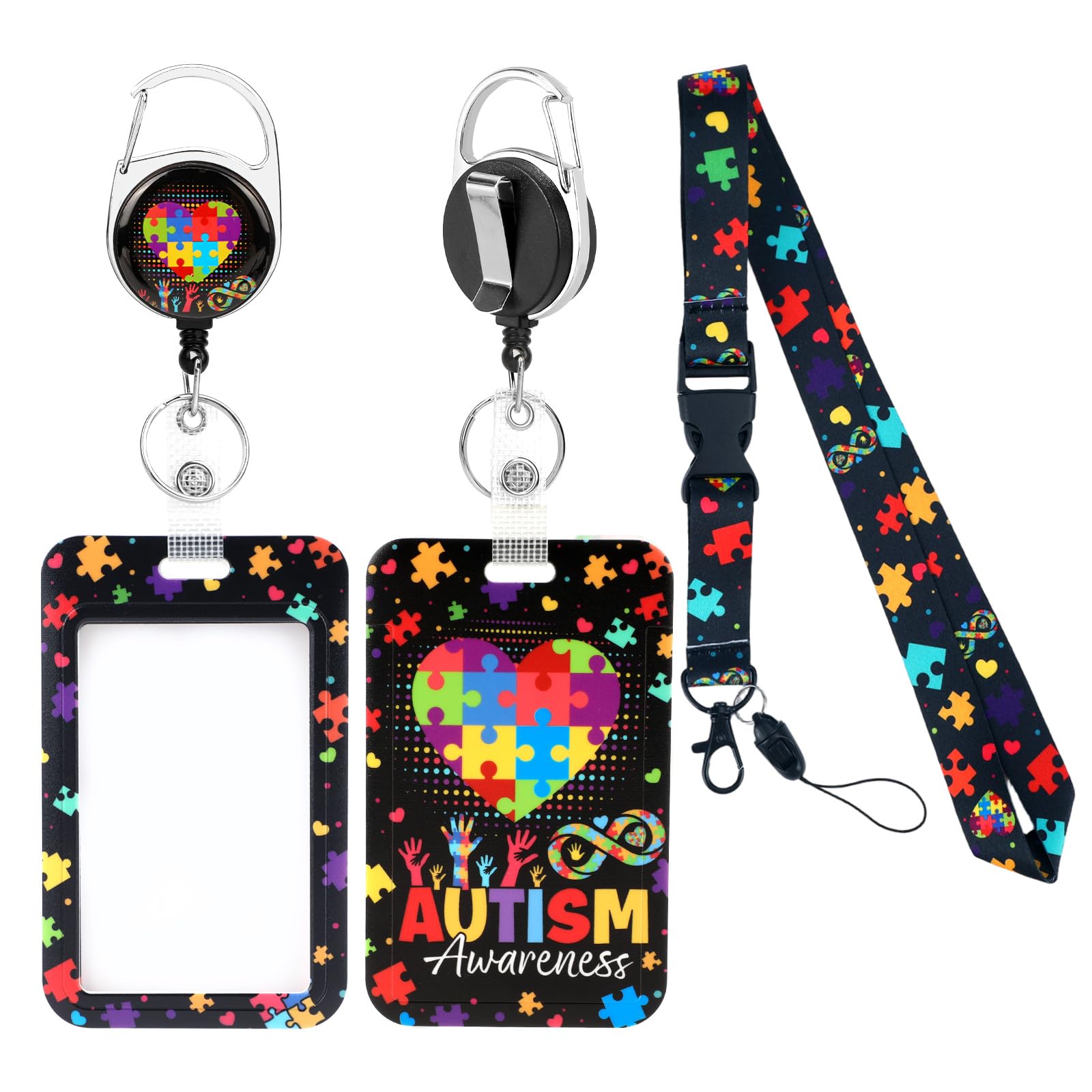 Autism Lanyards for ID Badges, Heart Puzzle ID Card Holder with Retractable Badge Reel Cute Breakaway Lanyard Name Tag Card Protector Autism Gifts