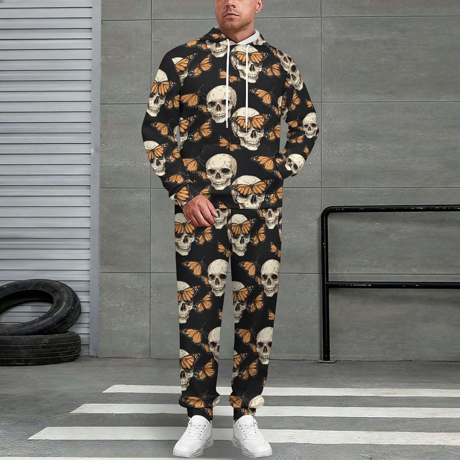 Skull Butterfly Men's Hooded Set Casual 2 Pieces Suits Pullover Tracksuit Hoodies And Sweatpants