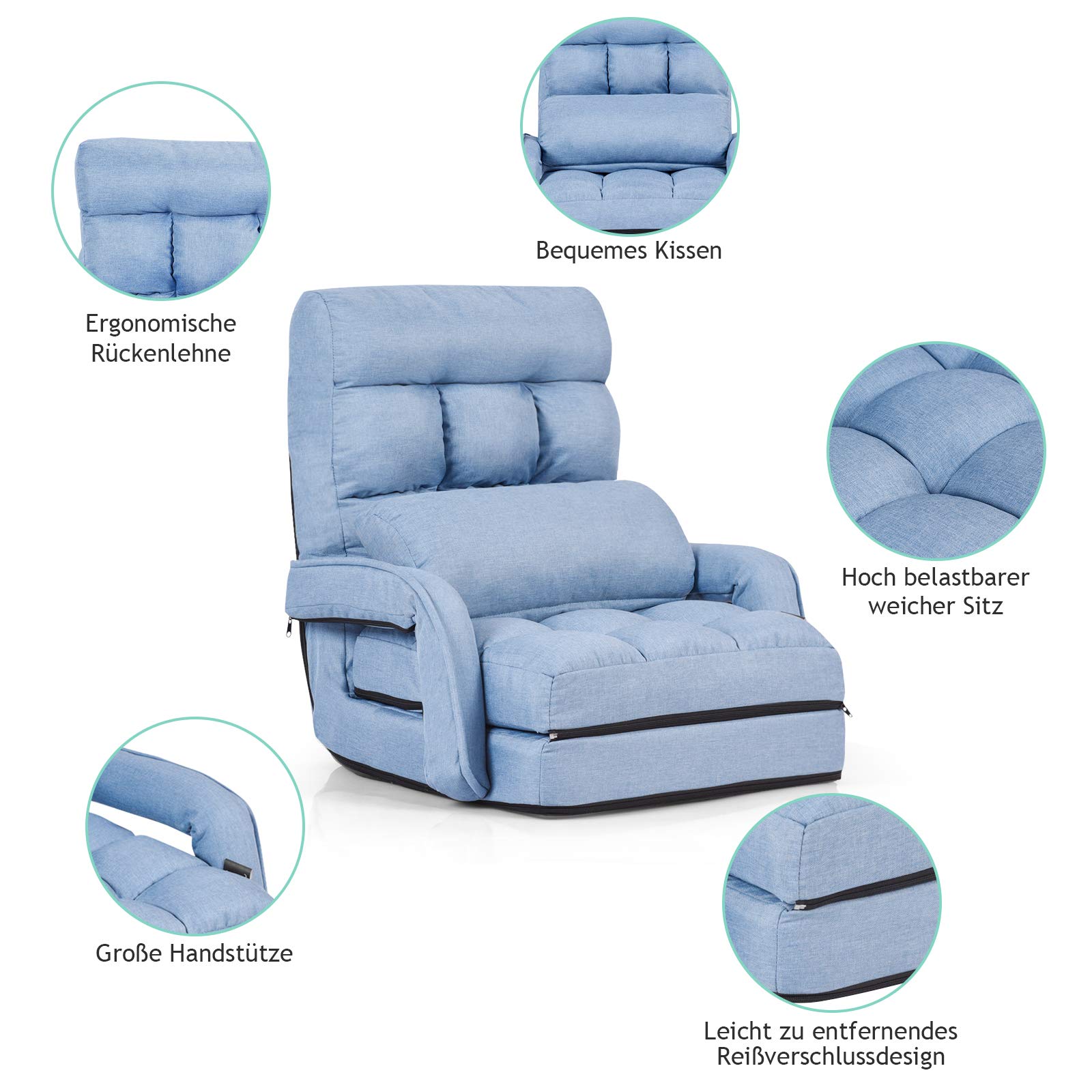GOPLUS Sillón Convertible 18 Rejillas, Sofá Cama Plegable, Sillón Relax con Respaldo Ajustable en 5 Posiciones, Fácil Almacenaje, para Salón Oficina Dormitorio (Azul)
