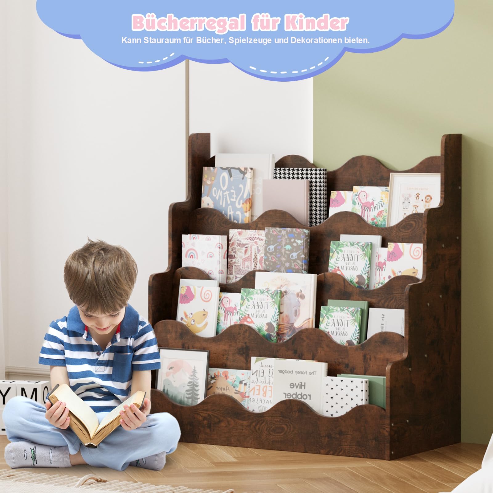 KEEPREAPER Kinder Bücherregal aus Kieferholz, Montessori Kinderregal mit 4 Ablagen, für Kinderzimmer Spielzimmer, 80x38x80cm (Braun-Welle)