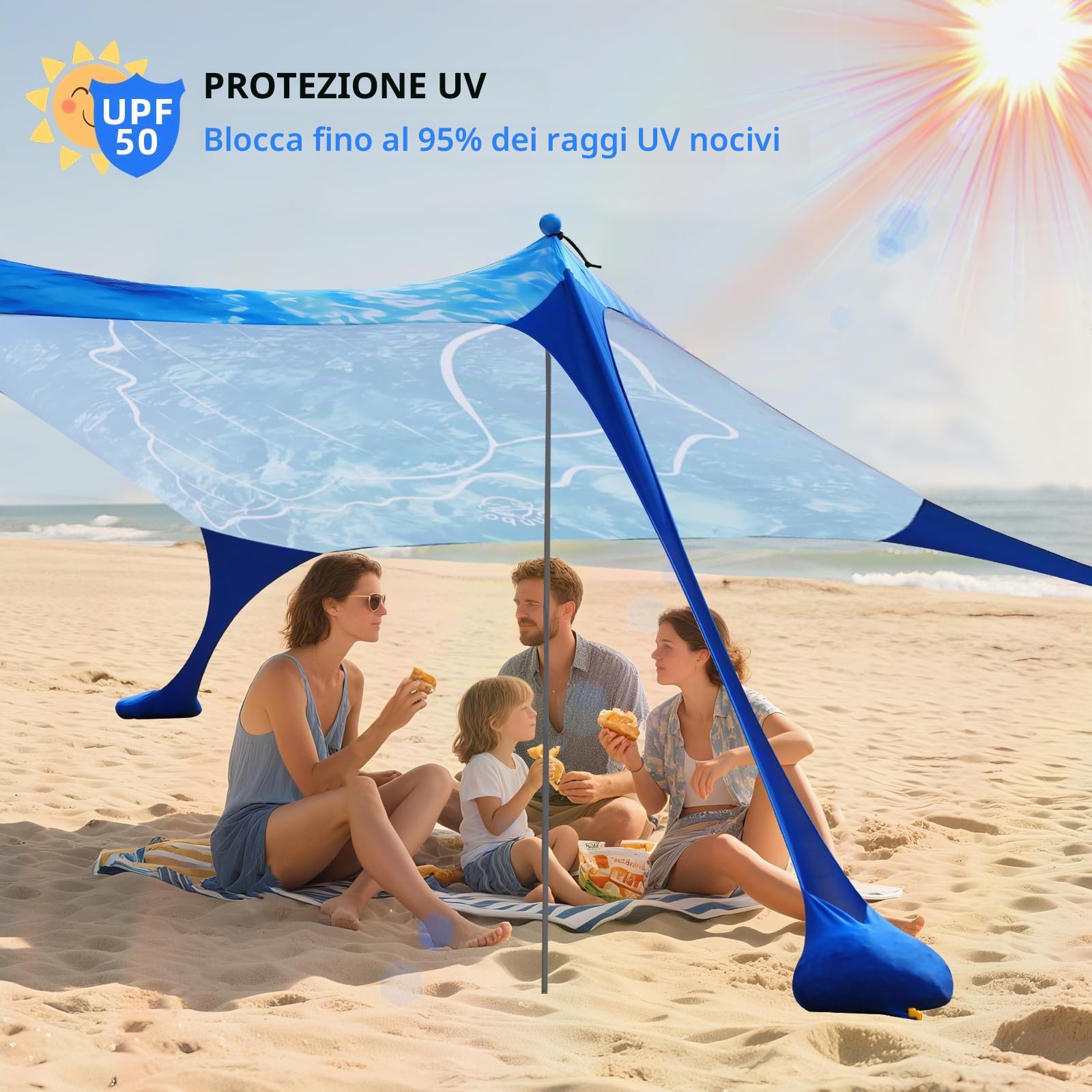 Tenda da spiaggia Pop Up 160 x 200 cm stampa 3D piccola protezione solare UPF50, per esterni, cortile, spiaggia, campeggio, con aste di stabilitàConchiglia blu