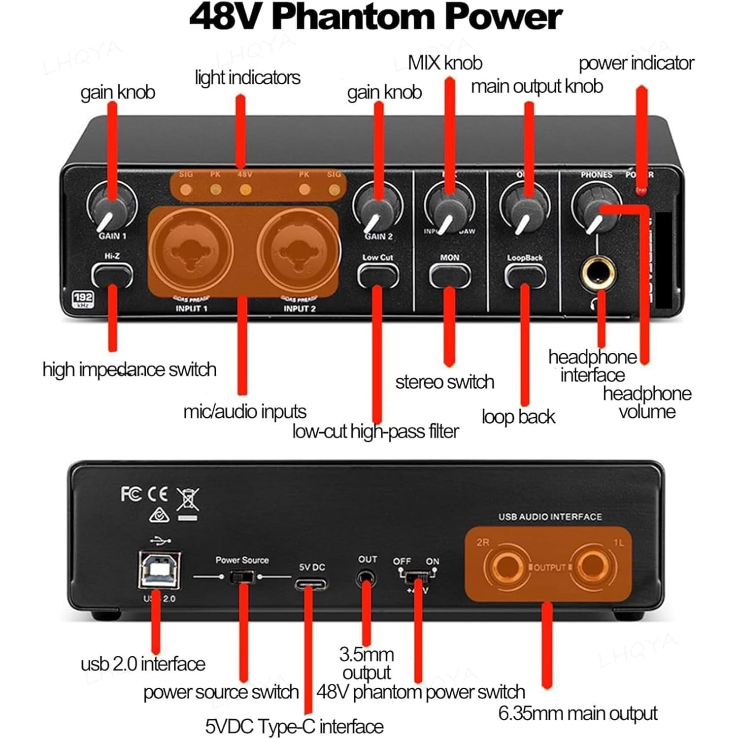 Interfaz de audio de 24 bits, 192 kHz, preamplificador de micrófono con tarjeta de sonido integrada para grabación y transmisión en vivo
