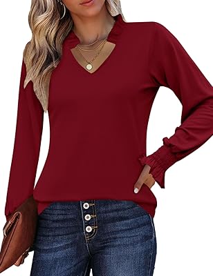 Kistore Long Sleeve Shirts for Women Pleated Cuffs Dressy Business Casual Blouses 2025 Trendy Puff V Neck Tunic Tops