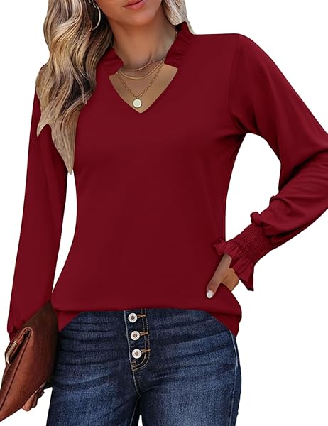 Kistore Long Sleeve Shirts for Women Pleated Cuffs Dressy Business Casual Blouses 2025 Trendy Puff V Neck Tunic Tops