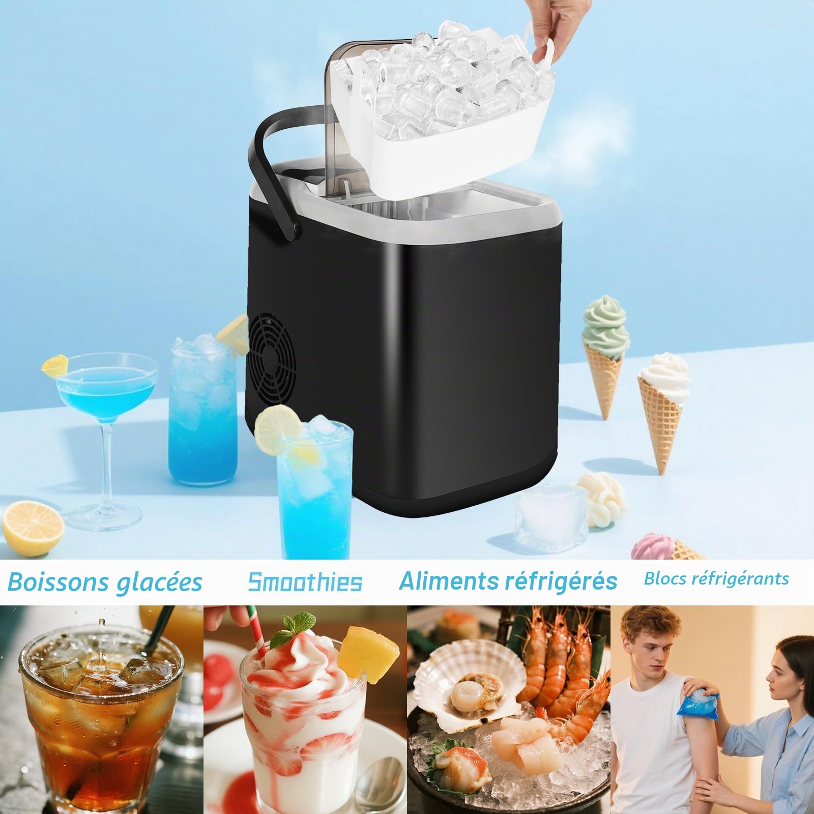Aigostar Machine a Glacons 1,5 L, 130W Machines à Glaçons à Double Couvercle, 9 Glaçons en 6 Mins, 12kg/24h, 2 Tailles de Glaçons, Autonettoyante, Portable pour Maison/Cuisine/Camping, Noir
