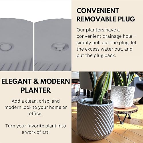 Miniatura 4 de Fox & Fern Maceta Grande de 12 Pulgadas  Maceta de Polipiedra Gris Premium con Textura 3D y Tapón de Drenaje Macetas de 12 Pulgadas para Plantas de