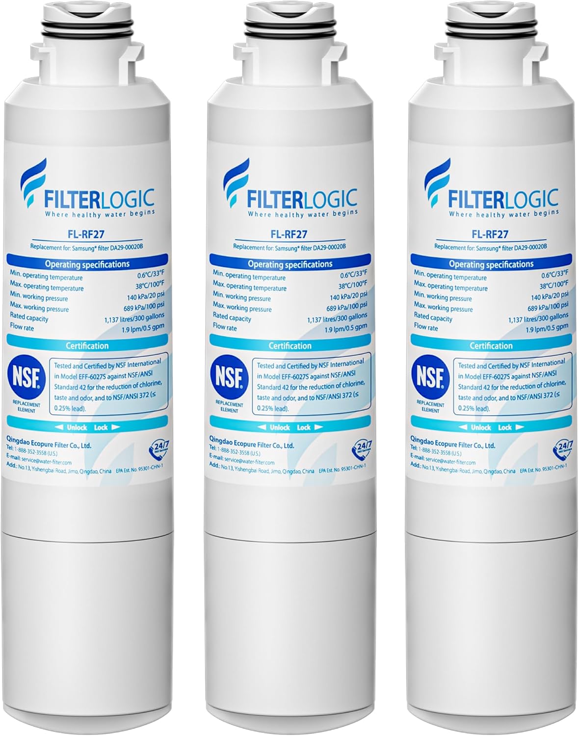Filterlogic DA29-00020B Replacement for Samsung RF28HMEDBSR, RF263BEAESR, HDX FMS-2, HAF-CIN/EXP, DA97-08006A-1, DA29-00020B-1, RF4287HARS, RFG297HDRS, RF28HFEDBSR, Refrigerator Water Filter, 3 PACK