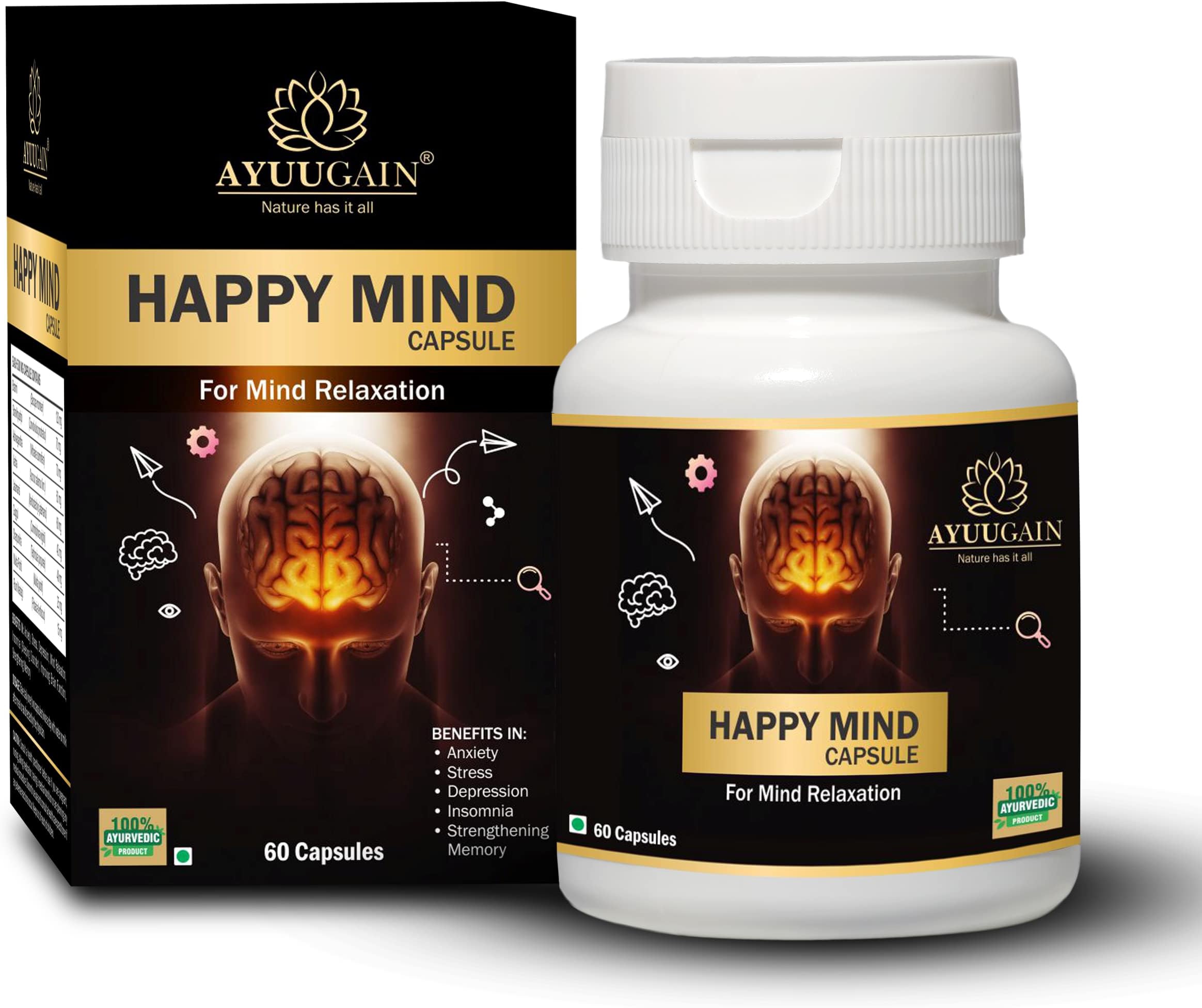 AYUUGAIN Happy Mind Capsules 60 Veg | Ayurvedic Herbal Supplement for Brain Health, Memory, Mood & Sleep Support | With Brahmi, Shankhpushpi, Ashwagandha & Vacha