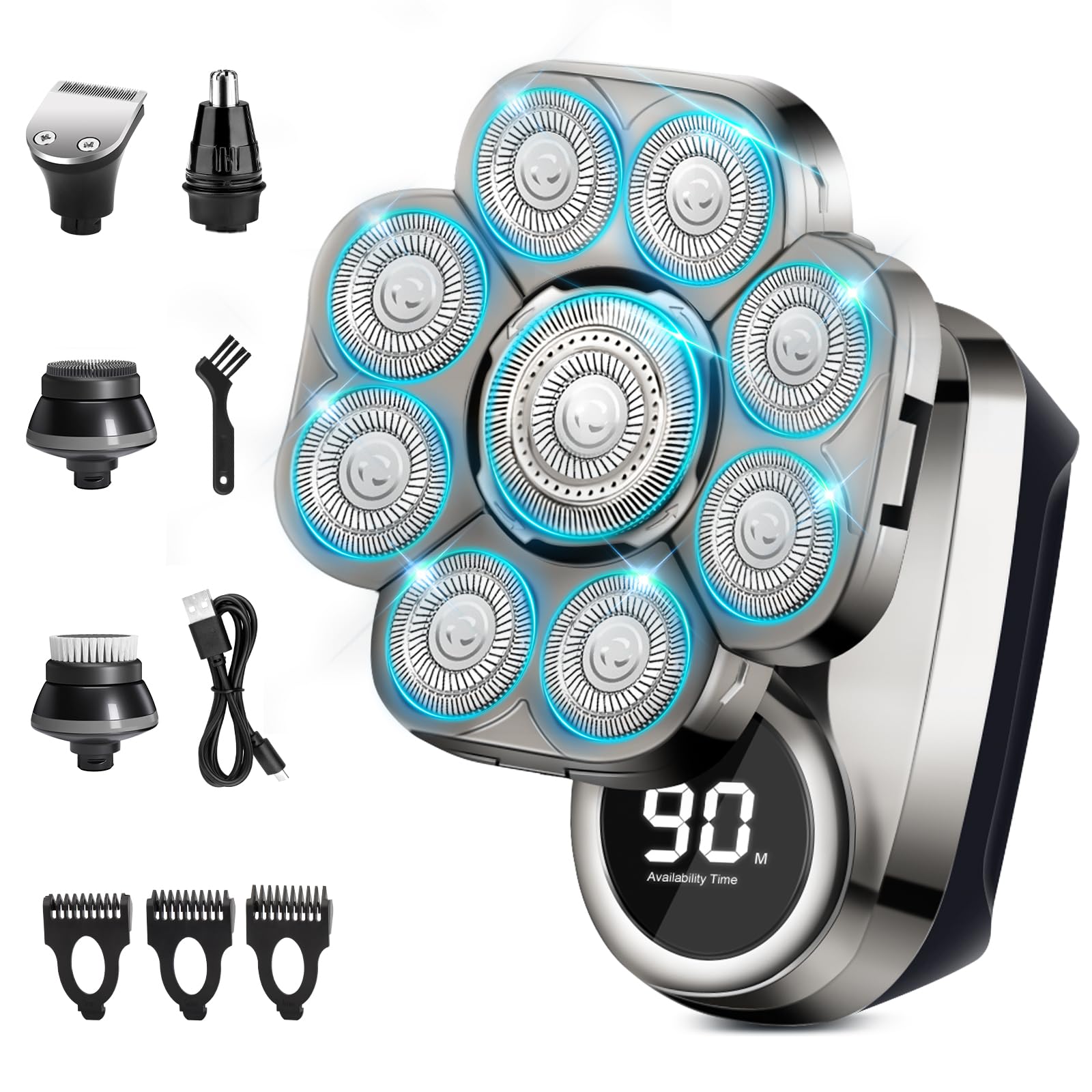 9D Floating Head Shaver for Bald Men, Wet/Dry 6 in 1 Mens Grooming Kit Silver
