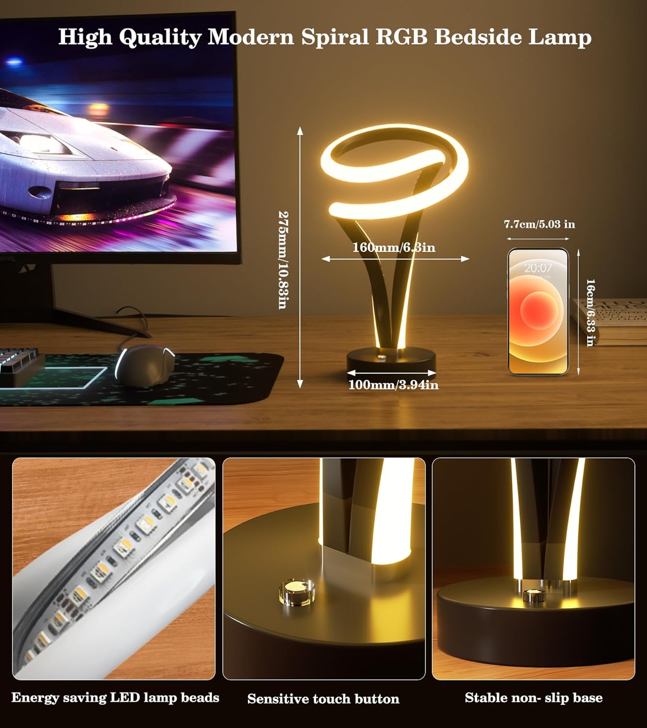 Spiral RGB LED Table Lamp - 7 Colors Touch Dimmable, 10 Lighting Modes Night Light for Bedroom Office, USB Powered Modern Desk Lamp, Ideal Gift (Black)