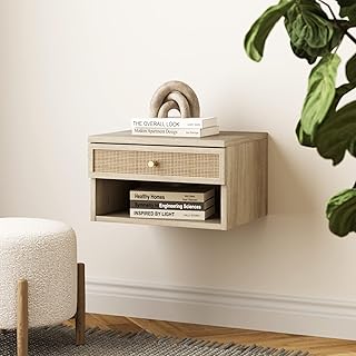 Nathan James Jackson Wall Mounted Rattan Floating Bedroom Nightstand wit...