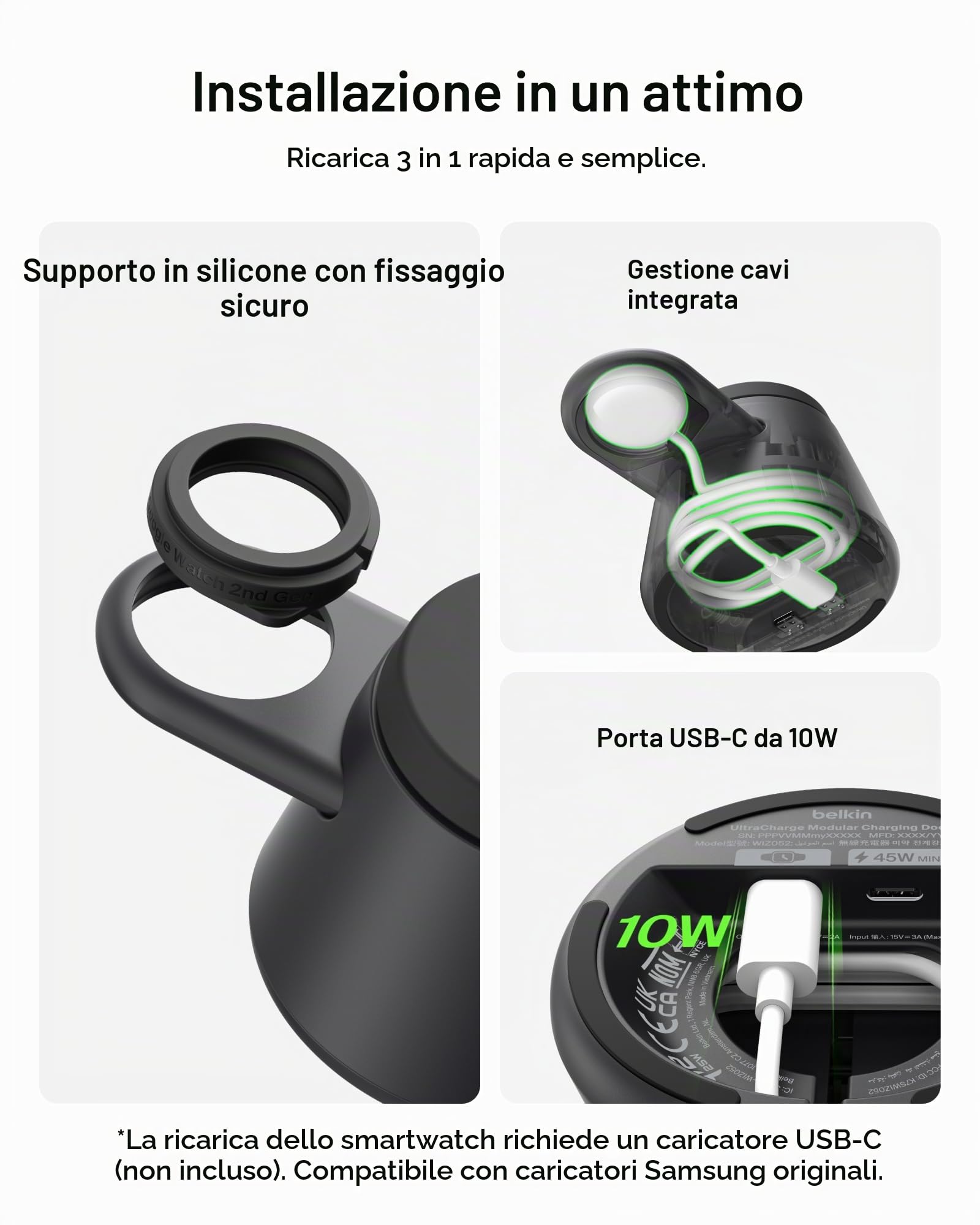 Belkin Stazione di ricarica wireless 3 in 1 per Samsung, Android, Qi2.2, caricatore magnetico da 25 W per Galaxy S26, Pixel 10, iPhone 17, porta USB C per Galaxy, Pixel e Apple Watch (caricatore per