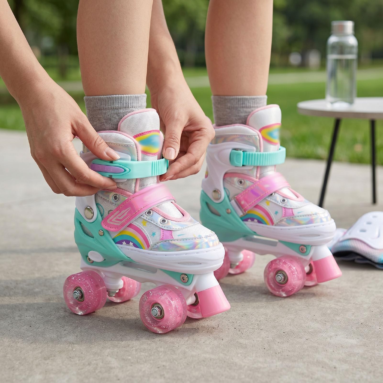 Asixxsix Patines de Ruedas Ajustables con Luz para Niñas, Patines Cuádruples de Doble con Correas de Hebilla, Cierres de Gancho y Bucle, Cordones Antideslizantes para Deportes en