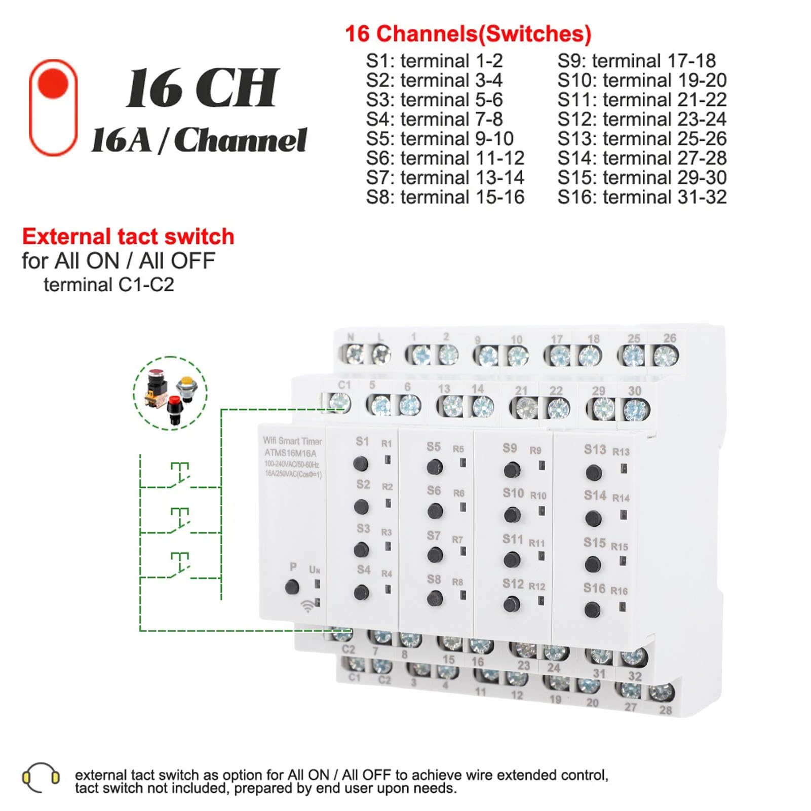 Interruptor Inteligente, 16 A, 16 Canales, Temporizador de 30 Programas, Interruptor WiFi, de Luz con Interruptores Externos, Control de Voz para Automatización de Oficina en el Hogar
