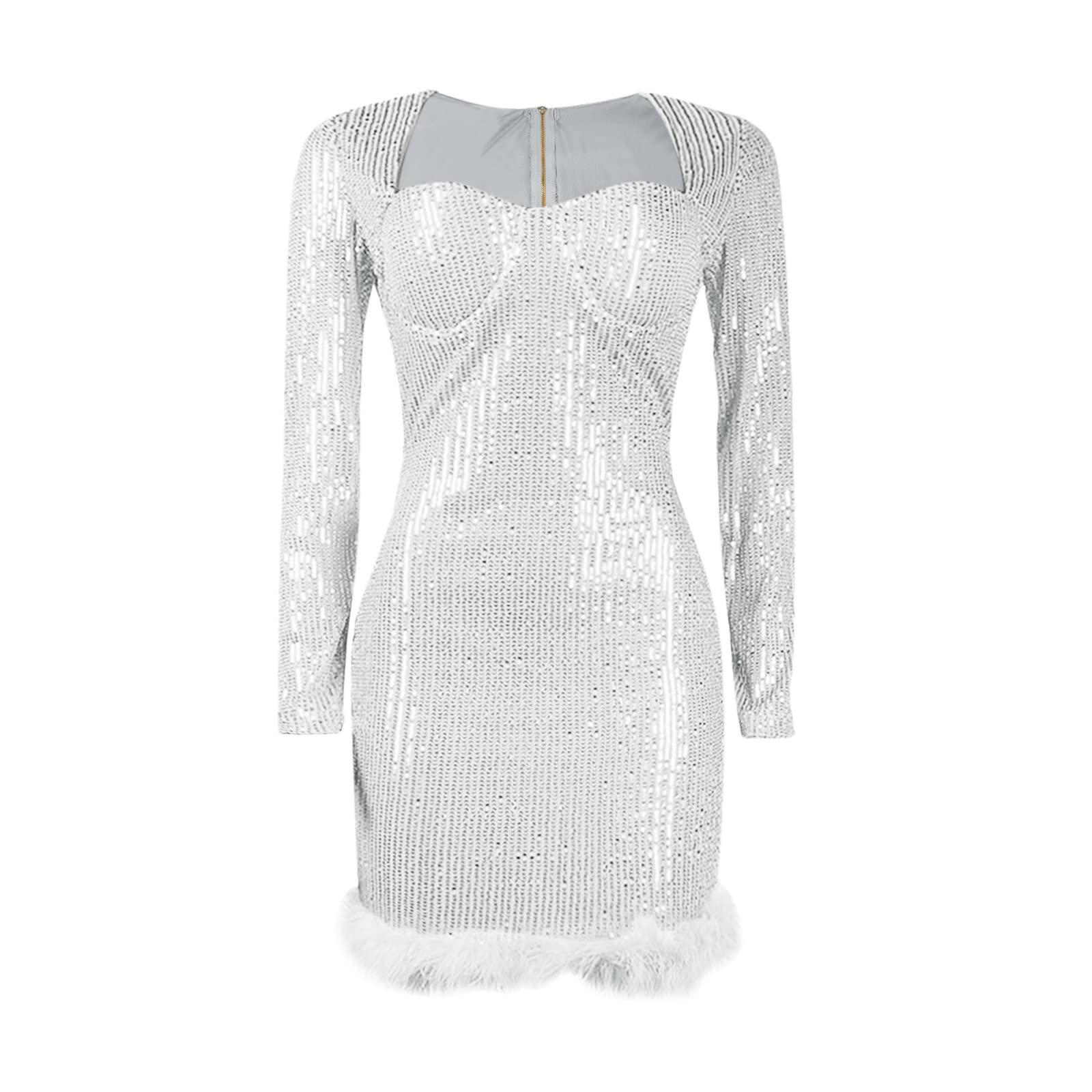 Vestido con Lentejuelas Mujer Corto Sexy Curvy Elegante Fiesta Vestidos Brillantes Mujer Manga Larga Ajustado Formales Playa Ceremonia Dress