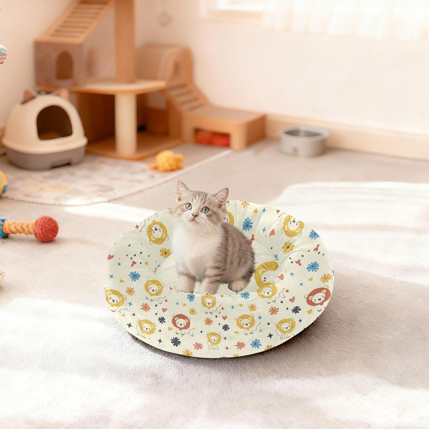 Pet Dog Beds Donut Cuddler Fluffy Cat Pillow Bed for Medium Size Pets Supplies M Cute Cartoon Lions