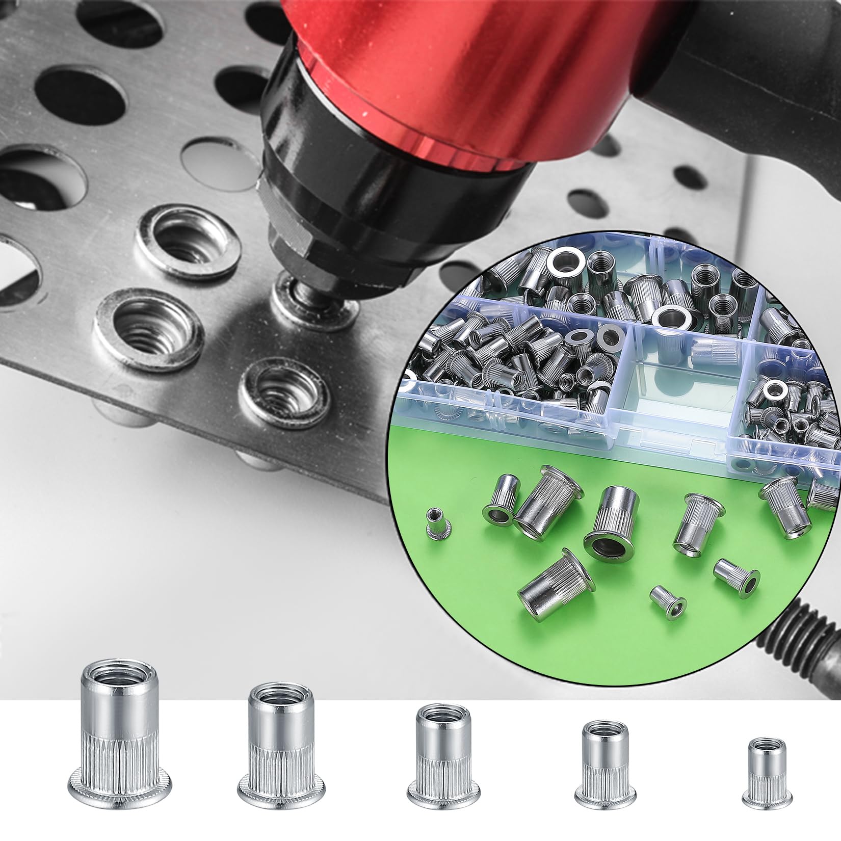 165 Pz Rivetti Filettati, M3 M4 M5 M6 M8 Rivetto Dadi, Dado Rivetto, Nutsert Rivnuts, Testa Piatta Inserto Filettato, Dadi Rivetti Dado a Testa Piatta Rivetto per Metallo, Legno, Alluminio
