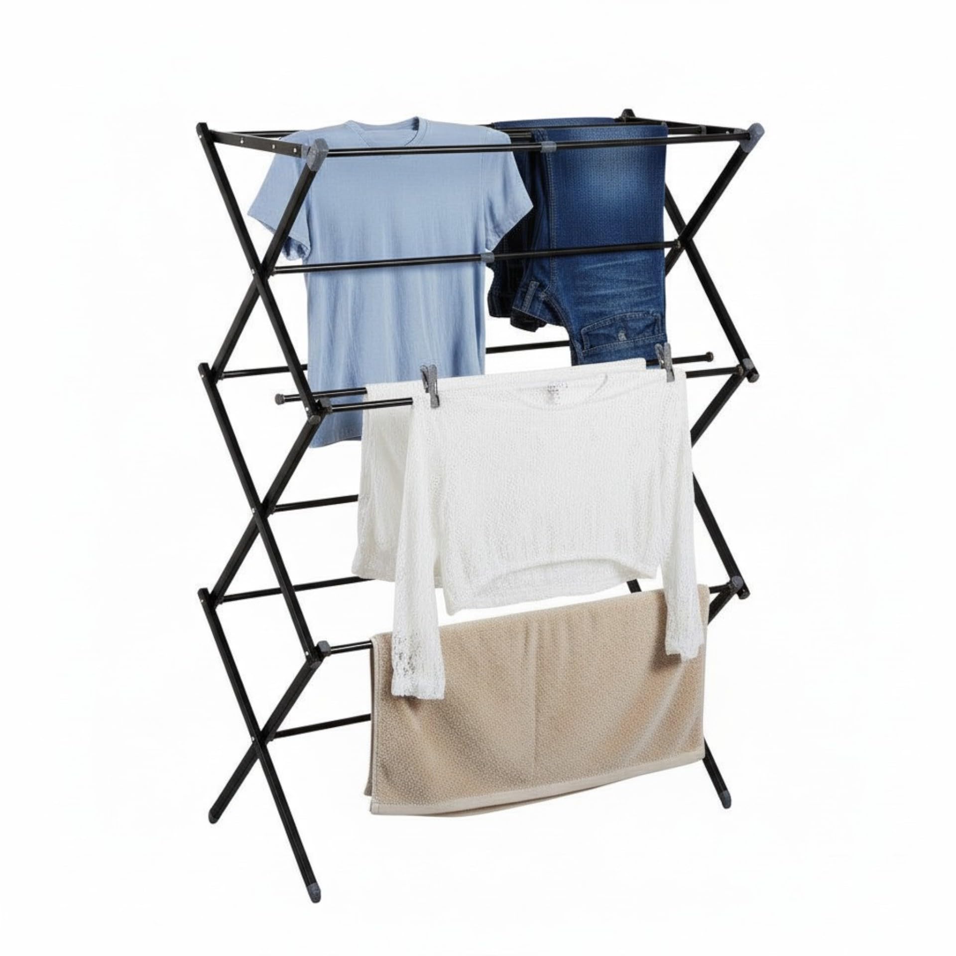 AH Living 3-Tier Extendable Clothes Airer, Foldable Laundry Rack for Air Drying Clothing, Suitable for Indoor & Outdoor Use, Space Saving, Energy Efficient, Expands 43-74cm Wide Black (Black)