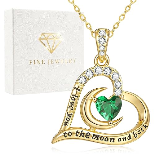 14K Gold Heart Birthstone Necklace for Women I Love You