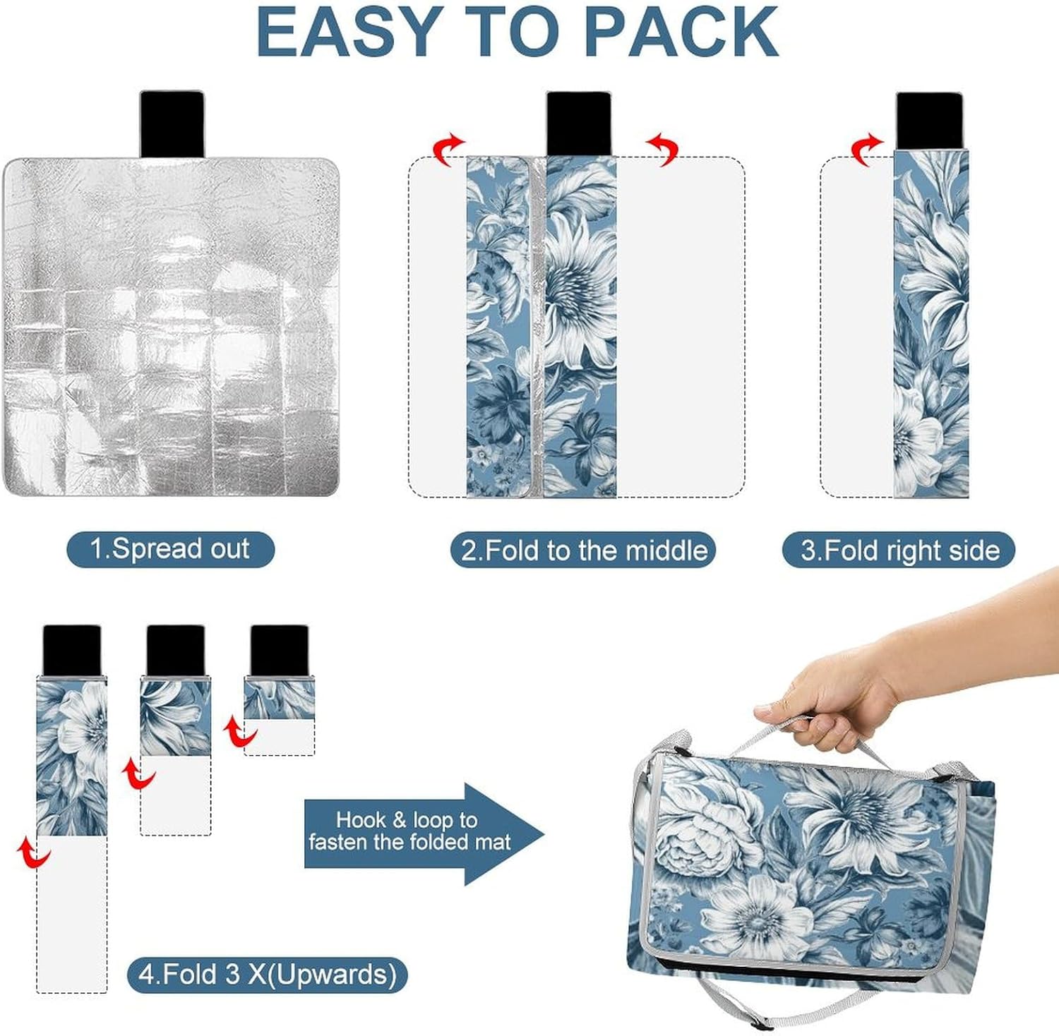 Outdoor Picnic Blanket Extra Large Beach Blanket Waterproof Picnic Mat Floral Blue and White Camping Blanket Portable with Carry Strap Park Blanket for Grass Camping Park