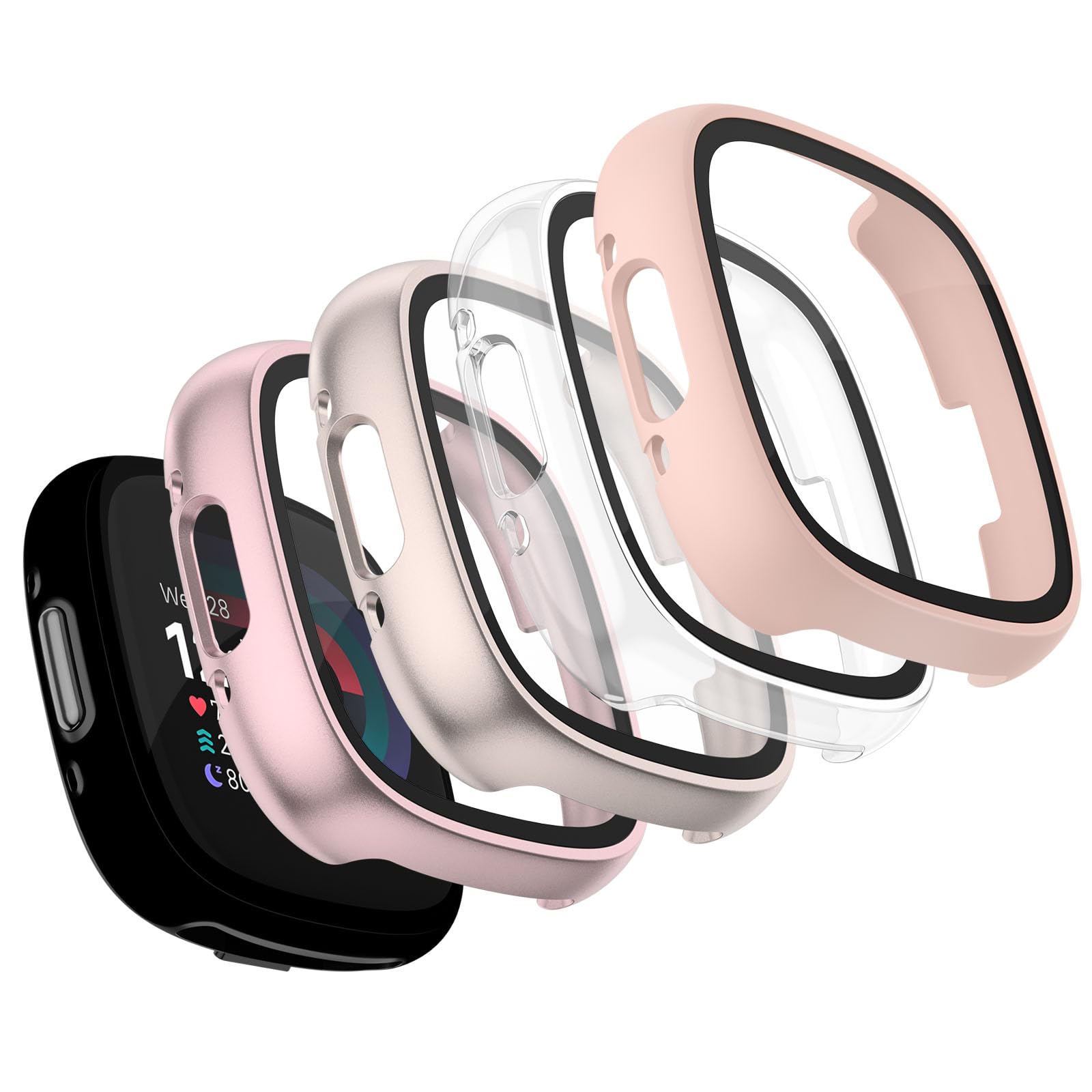 Meliya 4-Pack Screen Protector Tempered Glass Case for Fitbit Sense 2 / Versa 4, Full Around Hard PC Case with Sensitive Touch Film Protective Case (Clear+Pink+Starlight+Rose Pink)