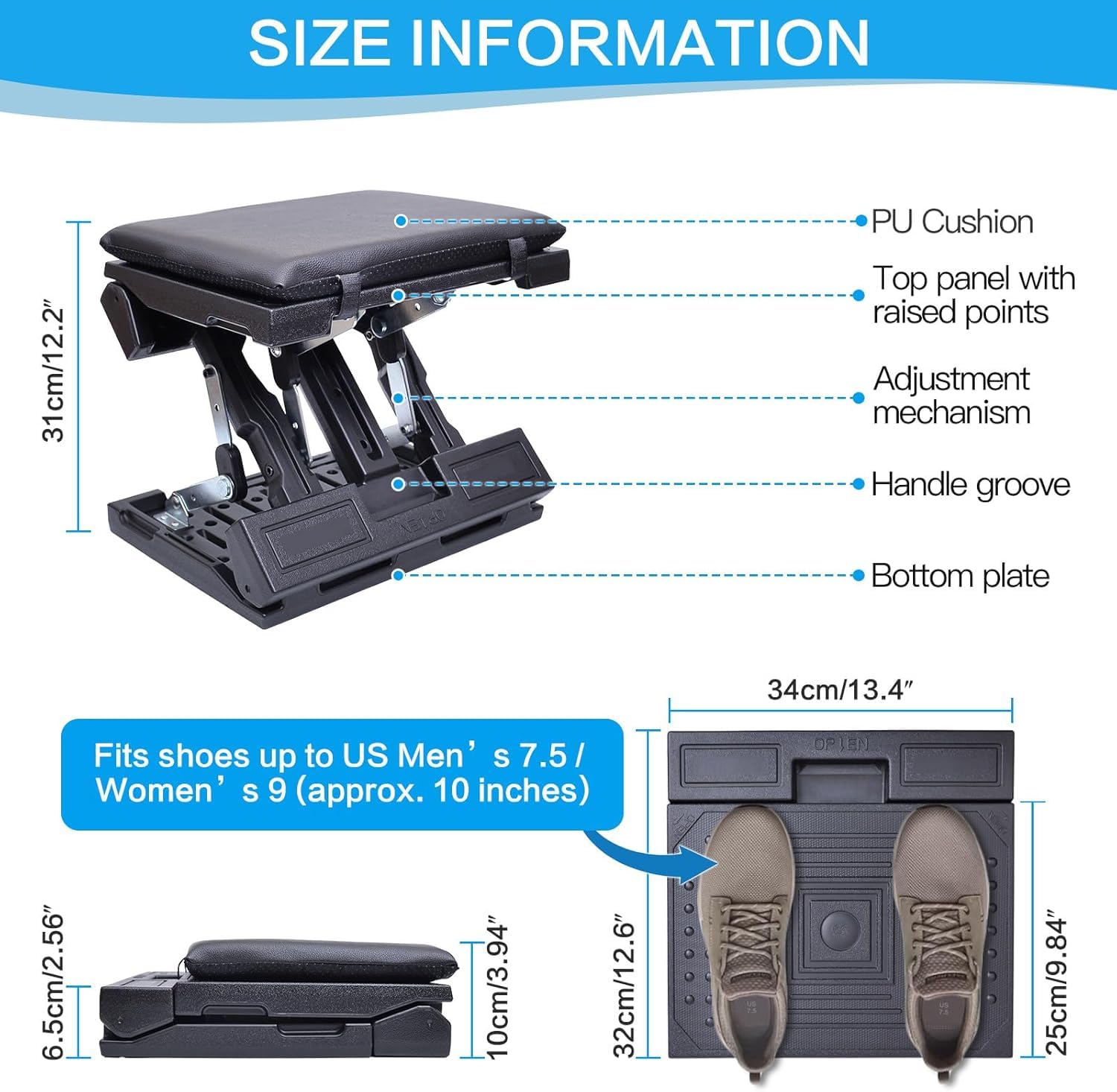 Fußstütze Schreibtisch Stufenlos Verstellbar, Fußablage Fußhocker mit Massage Ergonomisch Höhe Winkel Einstellbar für Büro Zuhause (Schwarz)
