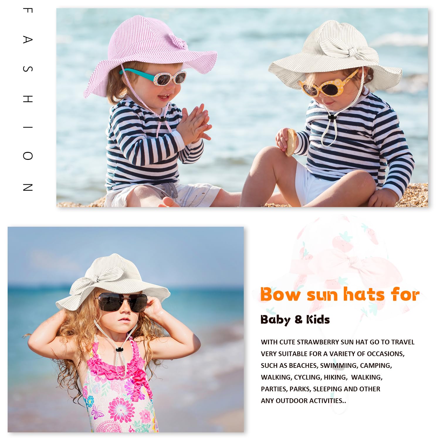 Baby Girl Sun Hat with UPF 50+ Outdoor Adjustable Beach Hat with Wide Brim Bucket Hats (0-6 Months)