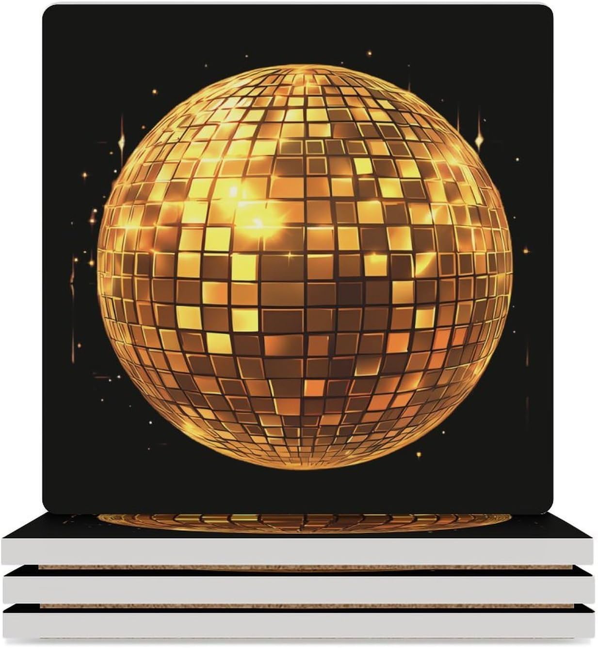 Golden Disco Ball Funny Ceramic Coasters for Drink Absorbent Cup Holders Tabletop Protection