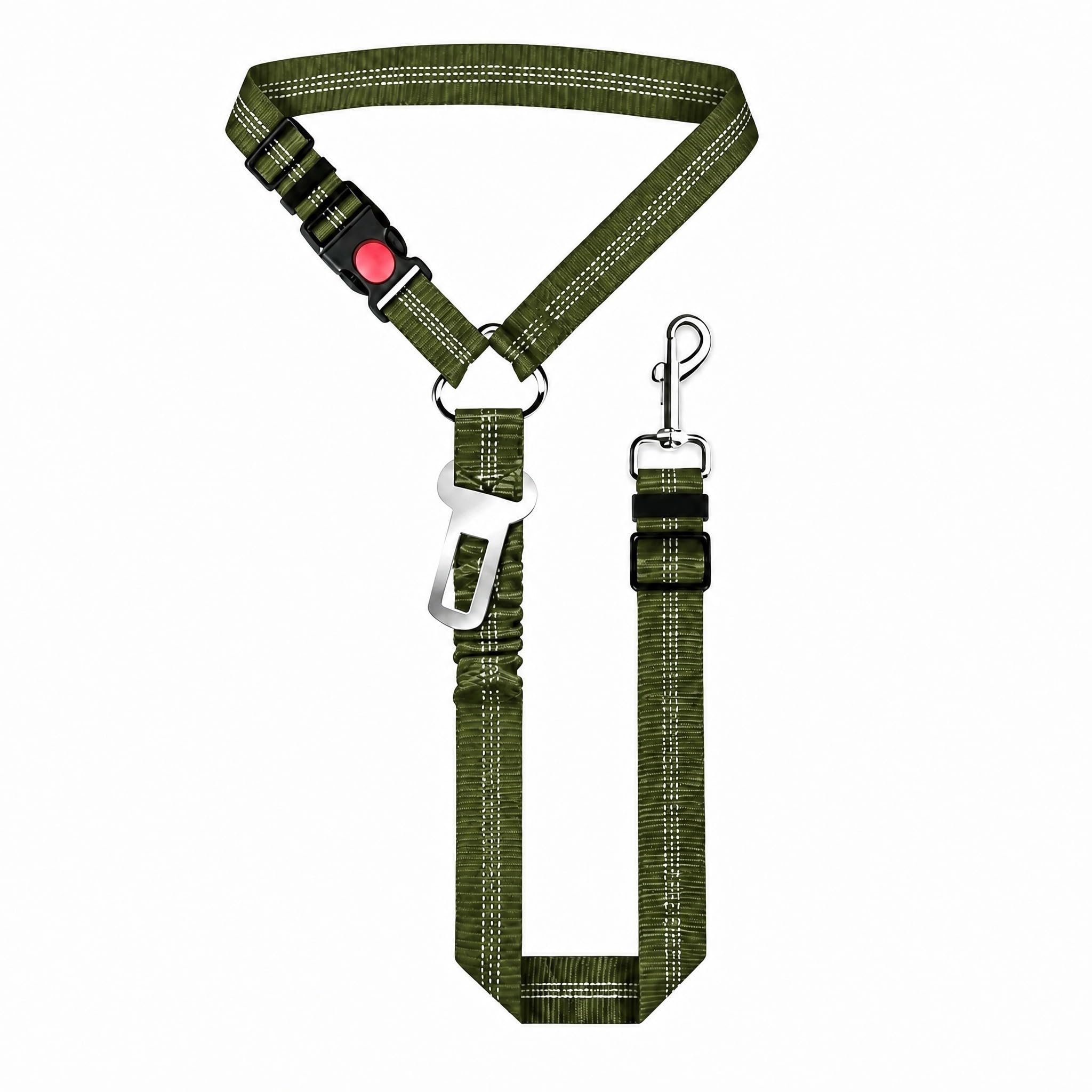 Reflective Dog Car Seat Belt Harness, Adjustable Shock Absorbing Bungee Pet Travel Safety Leash with Clip, Anti-Shock Vehicle Restraint Lead for Small Medium Large Dogs,green