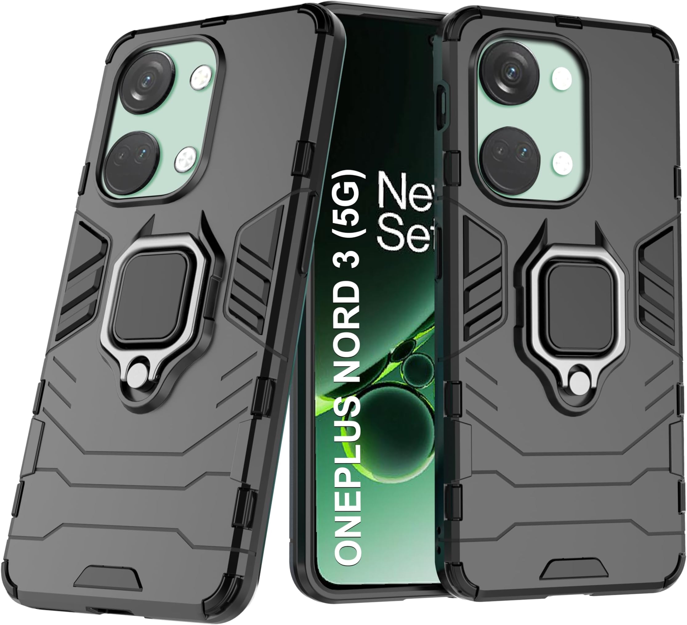 CEDO Rugged Oneplus Nord 3 (5G) Defender Case | Rotating Ring Holder & Kickstand in-Built | Military Grade Armor | Bumper Back Cover (Black)