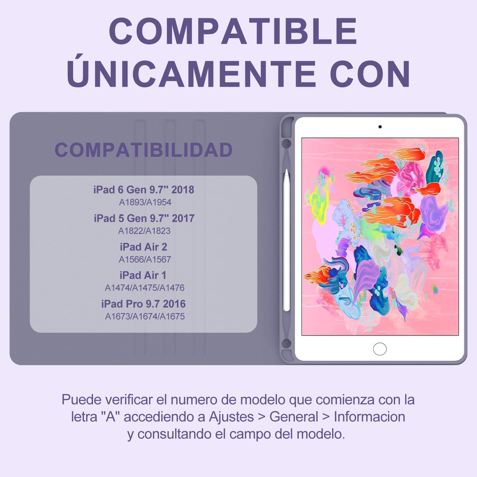 IVEOPPE Teclado iPad 6 Generación 9.7" 2018, Funda Teclado Español Ñ Bluetooth Magnética Wireless para iPad 6a/5a/Pro 9.7/Air 2/Air 1, Púrpura Lavanda