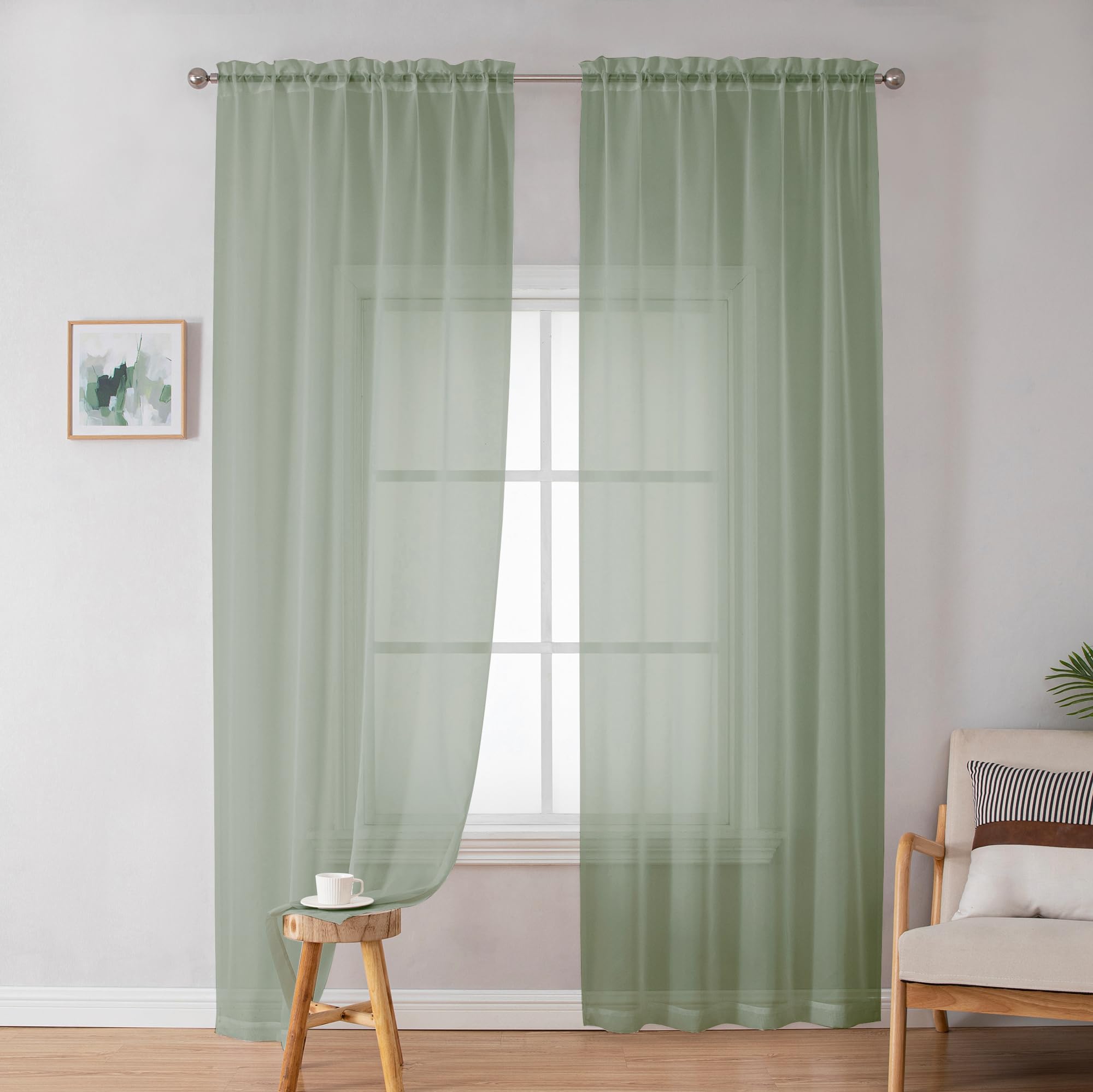 Simplebrand Sage Green Sheer Curtains 72 Inches Long 2 Panels for Bedroom