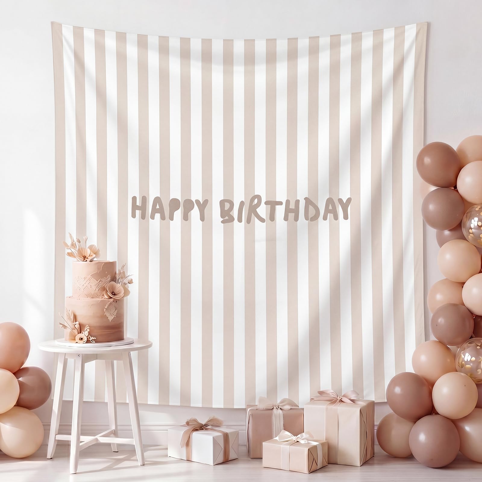 Flutesan 7x5ft Beige Stripe Happy Birthday Backdrop