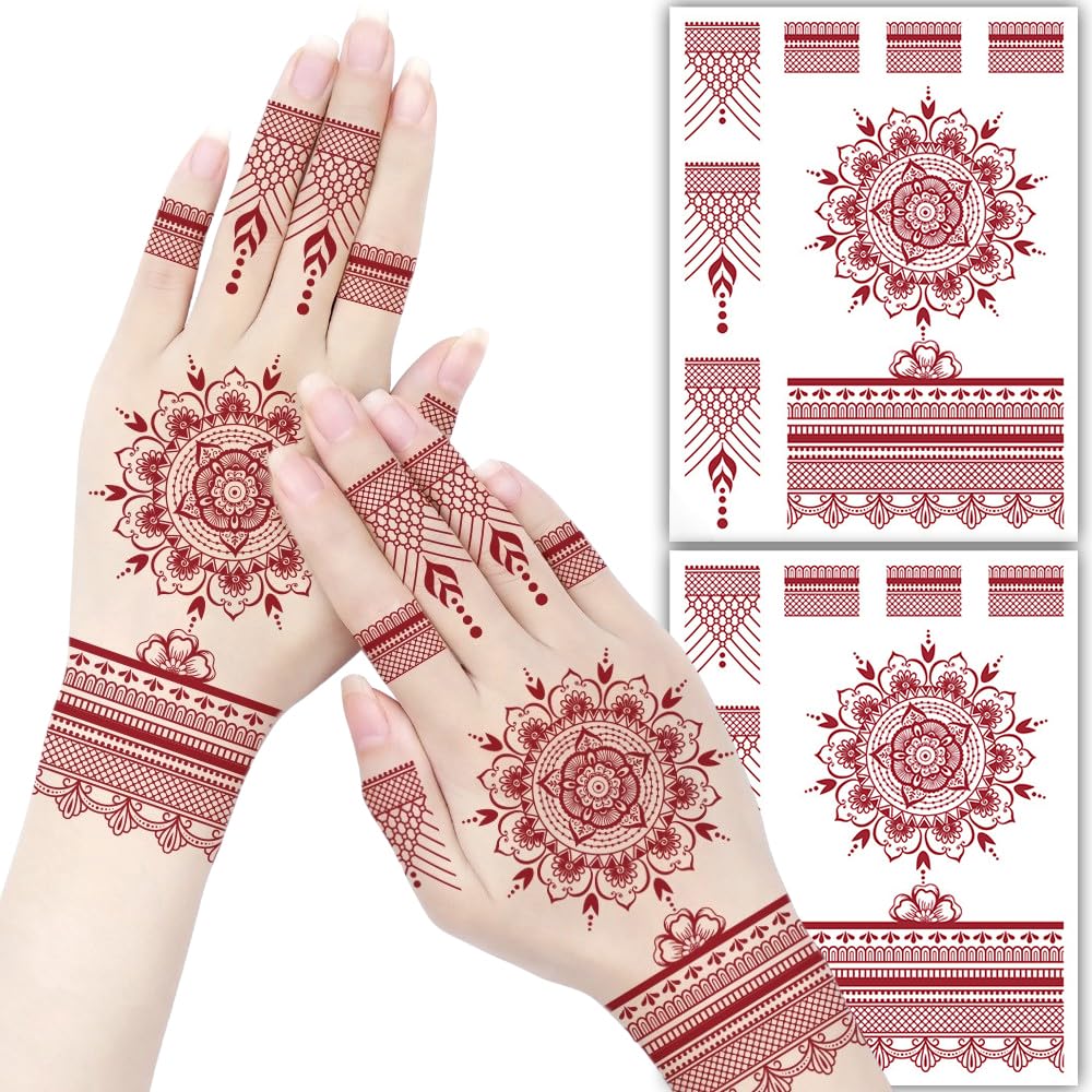 S.A.V.I 2 Sheets - Red Mehndi Style Temporary Tattoo Stickers for Women & Girls (16x12cm) | Floral Net Design | Waterproof, Safe, Non-Toxic Body Art for Hands – Easy to Apply & Remove (#62)-image-12