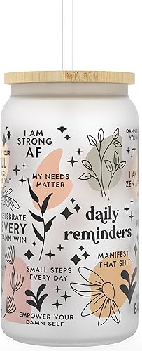 Taza de café helado Daily Affirmation Frosted, tazas de vidrio con tapas y pajitas de bambú  Vaso de vidrio con popote y tapa para la salud mental