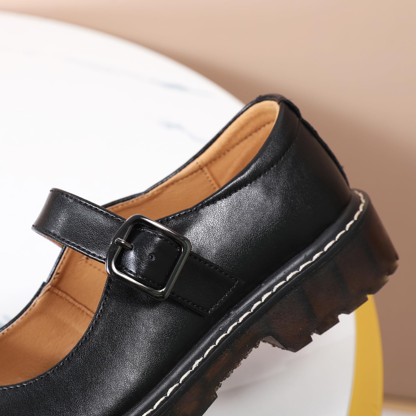XMM Mary Jane Shoes Women Oxford Shoes Leather Round Toe Flats Non-Slip Ankle Buckle Strap Comfort Casual Dressy Cosplay Party School Work Shoes: 6.5 Black