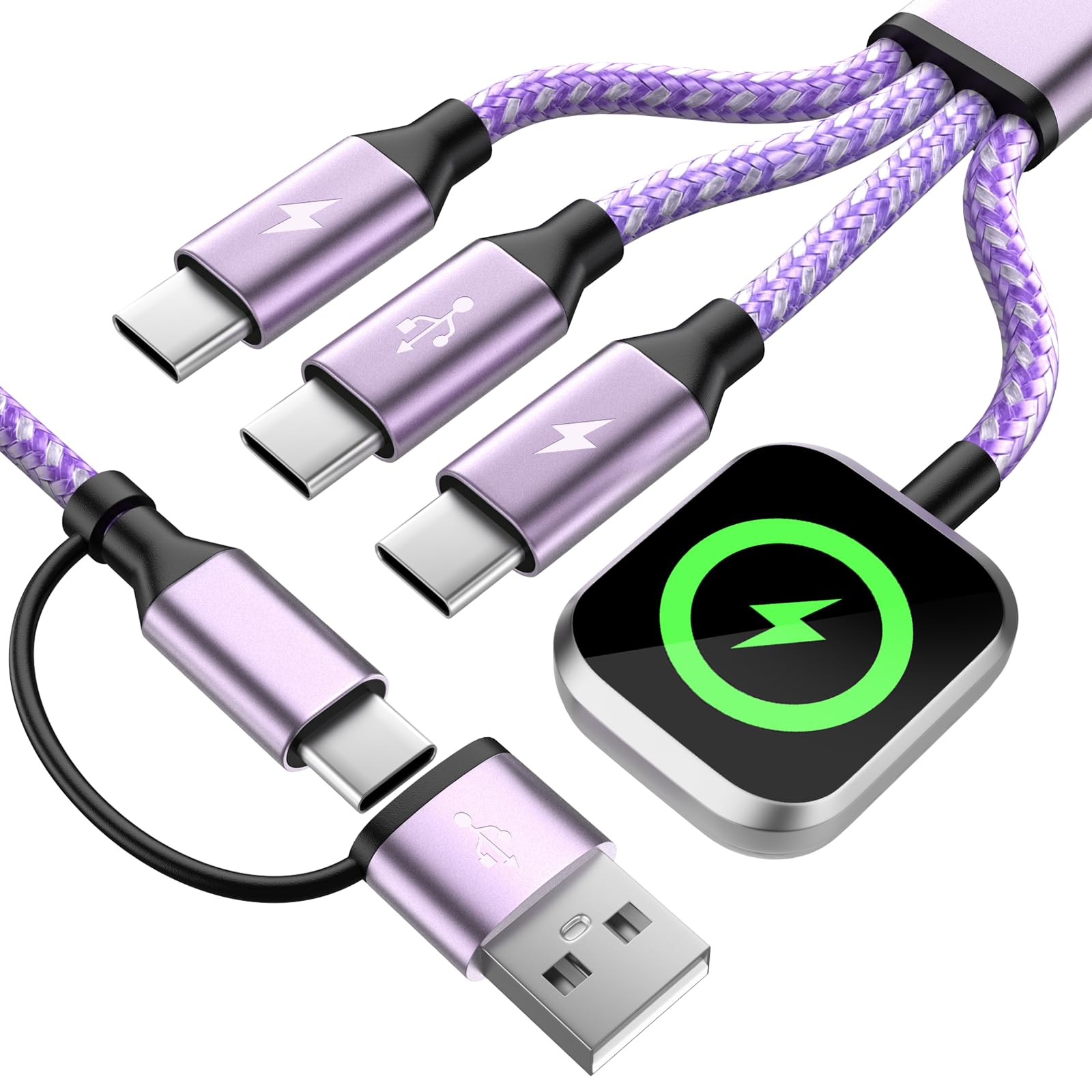 Photo 1 of Travel Essentials Multi Charging Cable for iWatch Charger, 4in2 3 X USB C Cable Multiple Charger Cord, USBC Car CarPlay Cable Compatible with iWatch Ultra/11-1/iPhone 17-15/Galaxy S25-22, 5F Purple