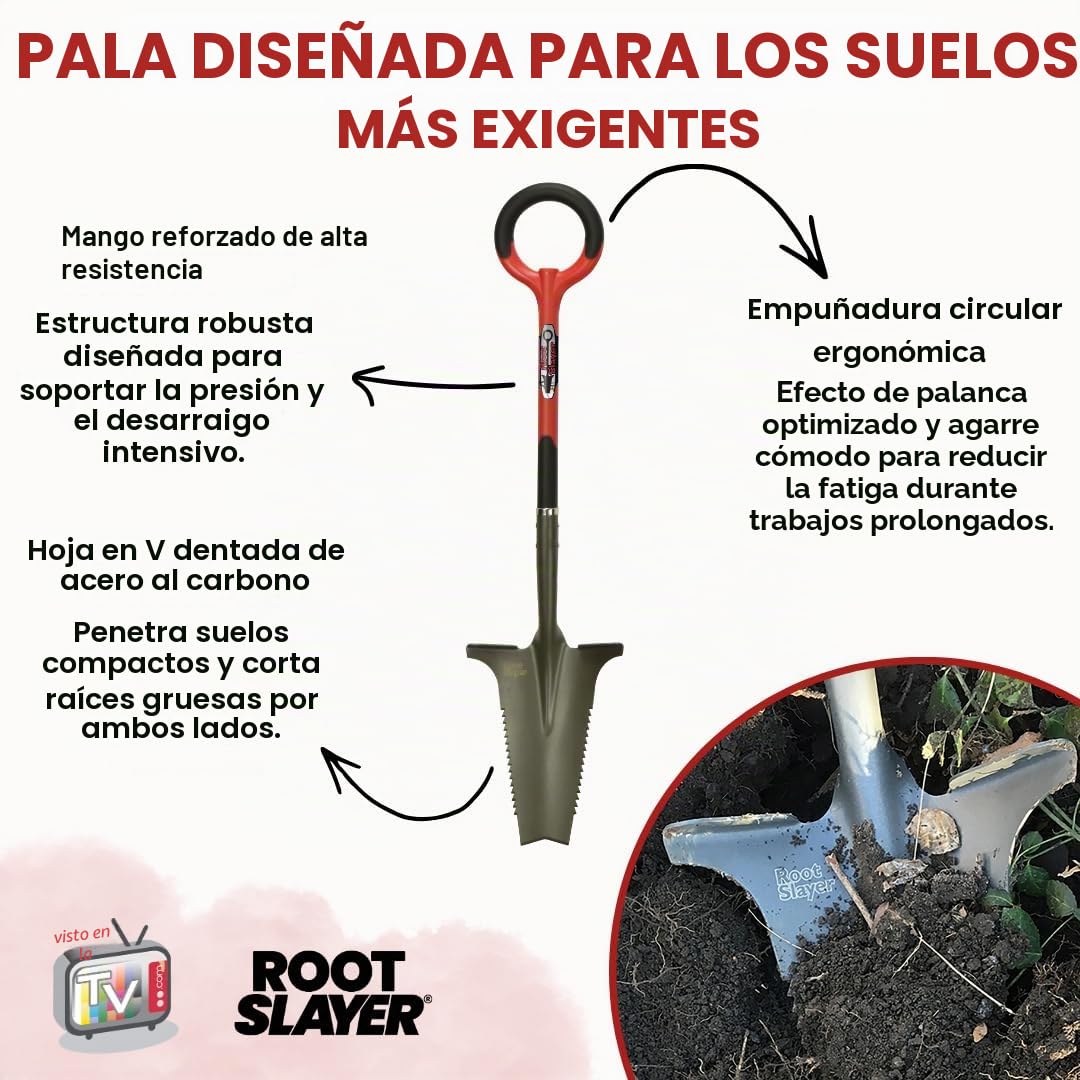 Venteo Pala de jardín Root Slayer Mango de Hoja Trapezoidal y Dientes Ultra Afilados de Acero carbono-114 cm, Rojo y Negro