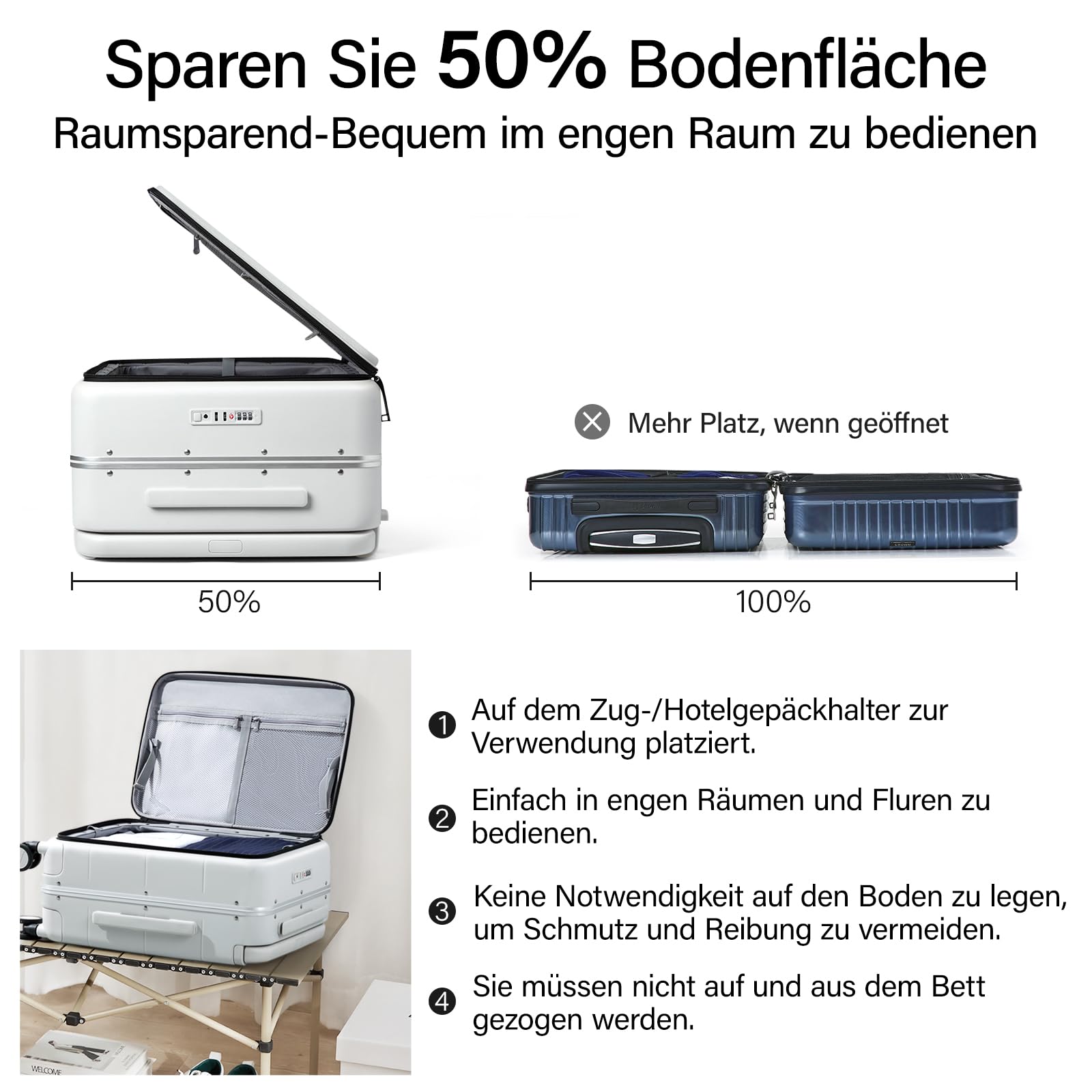 Hanke Handgepäck Koffer Breiter Griff mit 360°-Spinnerrändern Frontöffnung Koffer mit TSA-Schloss PC & Aluminium Hartschalenkoffer 49cm(46L), Rauchweiß