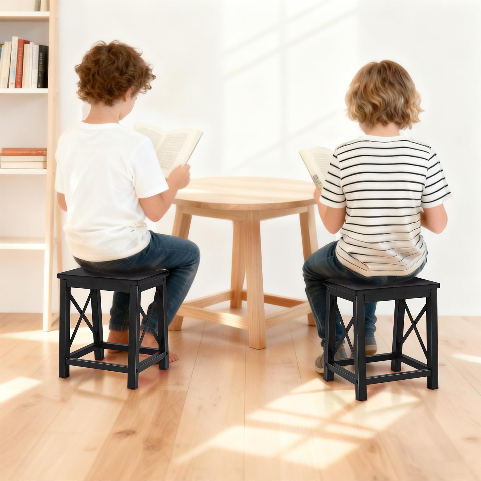 HDANI Tritthocker aus Holz für Erwachsene Kinder,Strapazierfähige Trittleiter mit rutschfesten Füßen,Tragfähigkeit bis zu 220KG,Schwere Metallrahmen Fußhocker für Bett,Bad,Küche,Wohnmobil,Schwarz