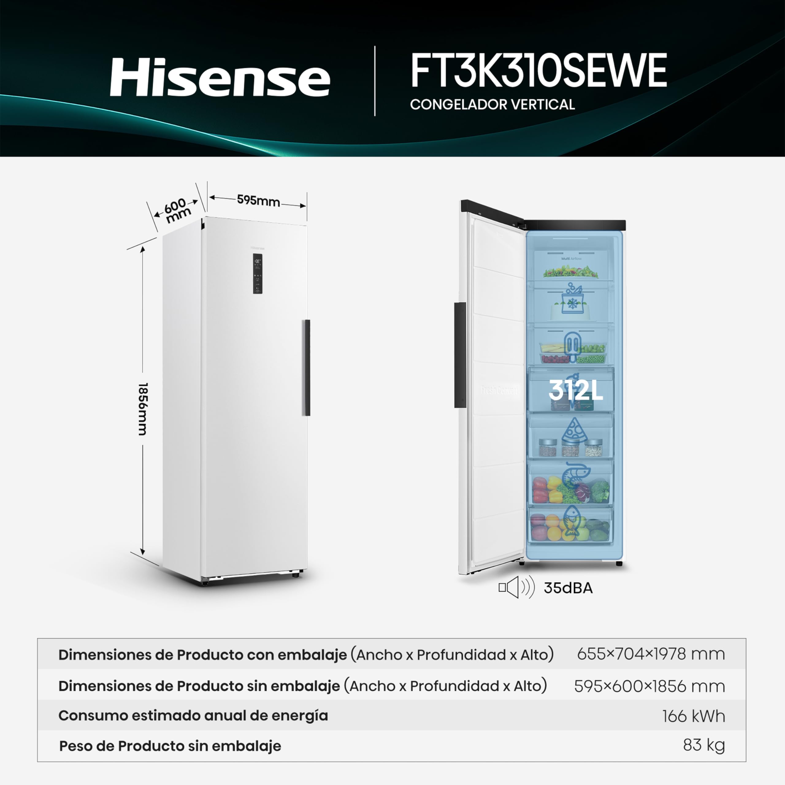 Hisense FT3K310SEWE Congelador, 1 Puerta De Libre Instalación Kitchen Fit, Class E, 312 L, Alto 185.6 cm x Ancho 59.5 cm, Color Blanco, Ventilación Inferior, Apertura de Puerta 90 Grados