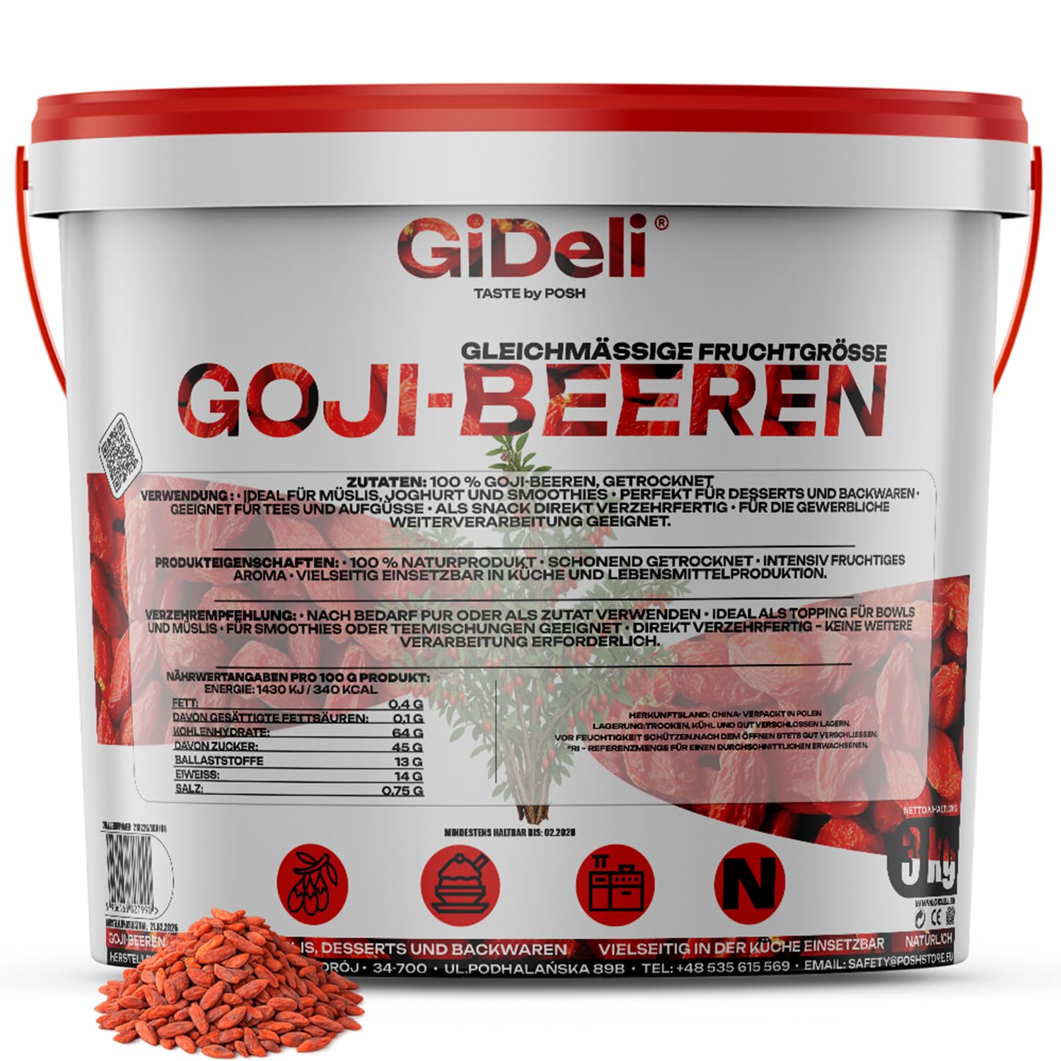 Gideli Goji Beeren 3kg im Eimer - Natürliche Zutaten Ohne Zucker und Ungeschwefelt - Getrocknete Früchte ideal für Müsli, Haferbrei, Joghurt und Backwaren - Reich an Vitaminen und Antioxidantien