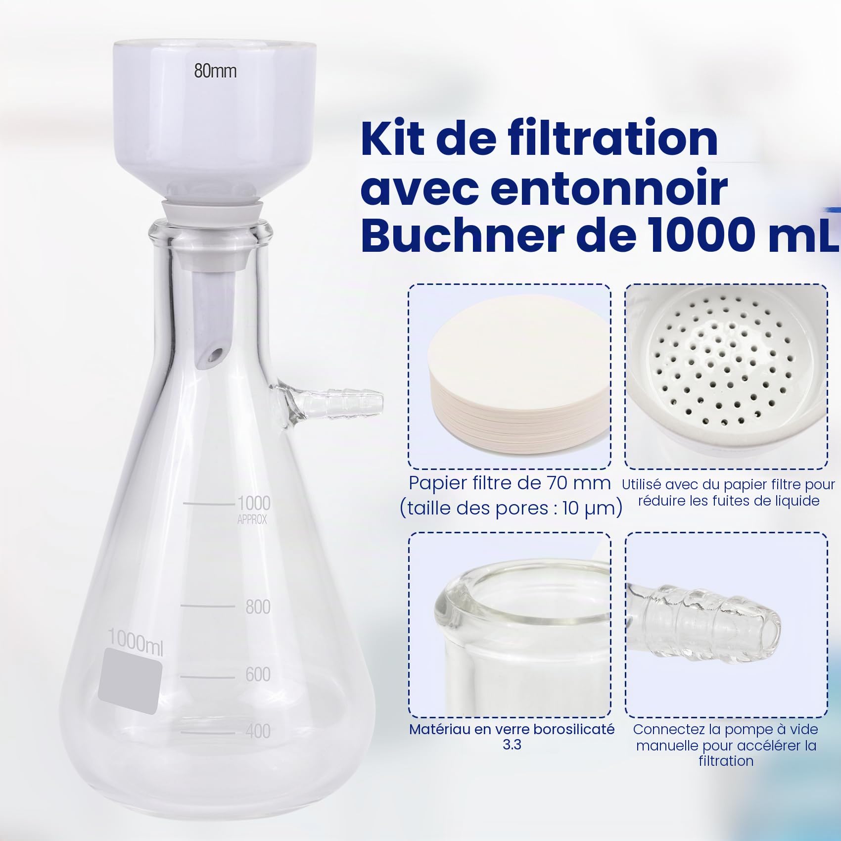 Kit de Filtration sous vide Buchner Funnel 1000mL, Pompe à Vide Manuelle, entonnoir Buchner de 80 mm, 100 feuilles de papier filtre, tuyau en caoutchouc et bouchons